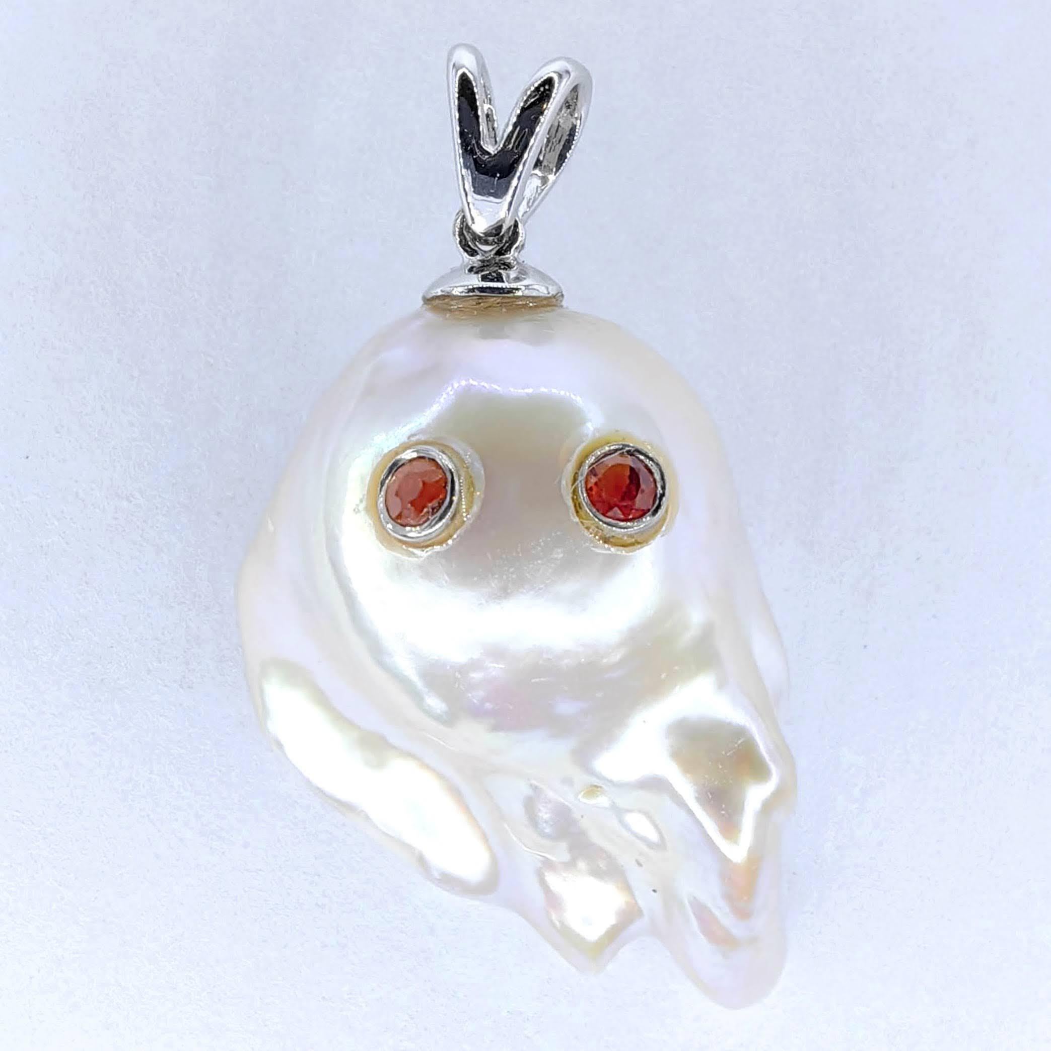 Women's or Men's Darling Phantom: Orange Sapphire Baroque Pearl Ghost Pendant in 18K White Gold For Sale