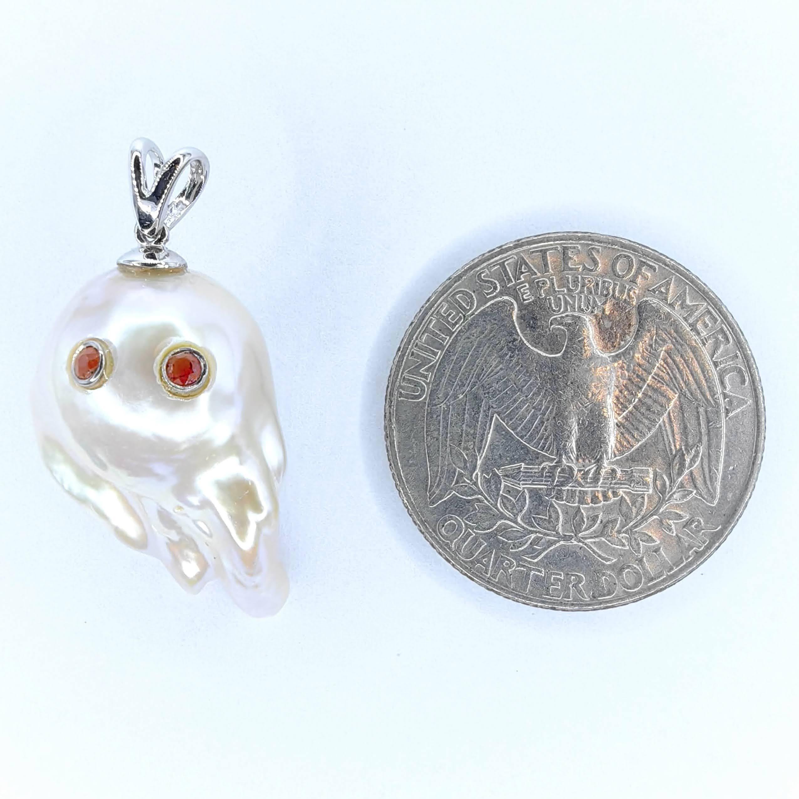 Darling Phantom: Orange Sapphire Baroque Pearl Ghost Pendant in 18K White Gold For Sale 2