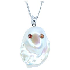 Darling Phantom: Orange Sapphire Baroque Pearl Ghost Pendant in 18K White Gold