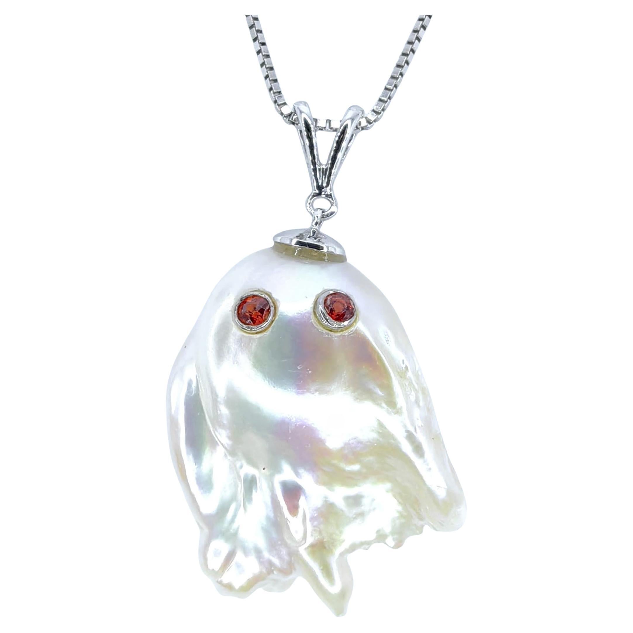 Darling Phantom: Orange Sapphire Baroque Pearl Ghost Pendant in 18K White Gold