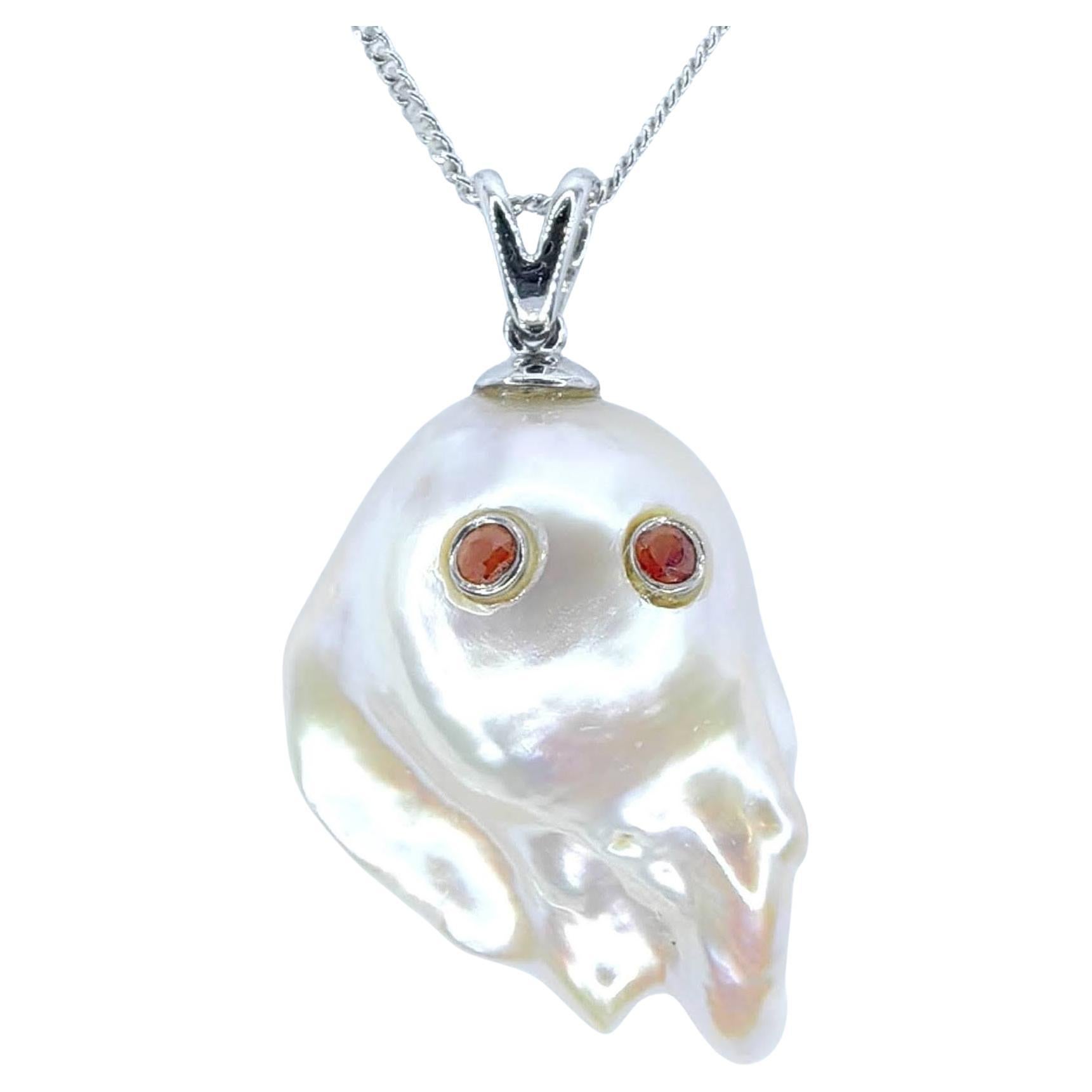 Darling Phantom: Orange Sapphire Baroque Pearl Ghost Pendant in 18K White Gold