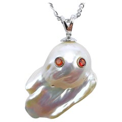 Darling Phantom: Orange Sapphire Baroque Pearl Ghost Pendant in 18K White Gold