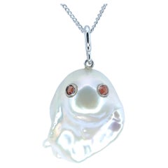 Darling Phantom: Orange Sapphire Pearl Ghost Charm & Pendant in 18K White Gold