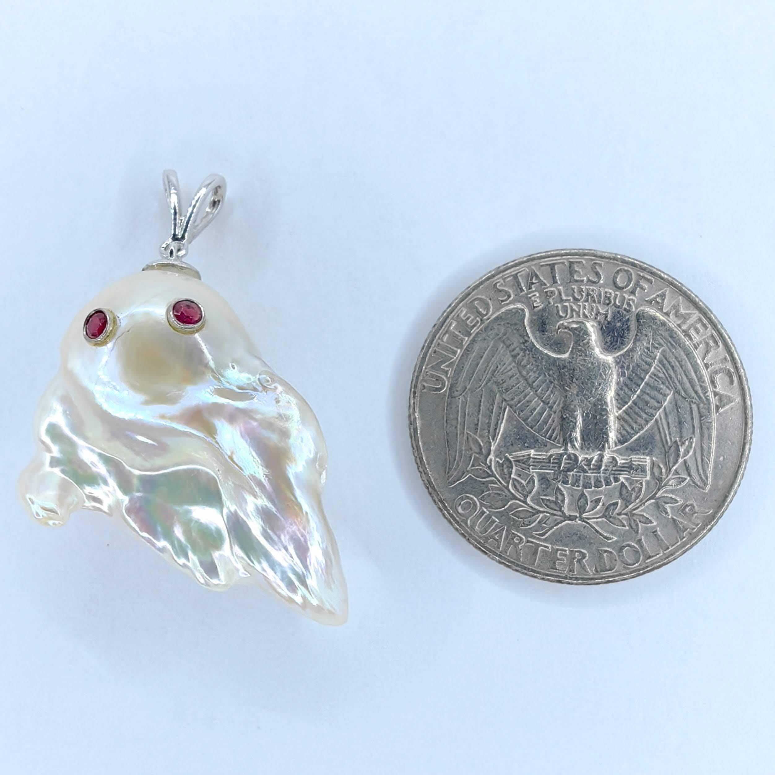 Round Cut Darling Phantom: Ruby and White Baroque Pearl Ghost Pendant in 18K White Gold