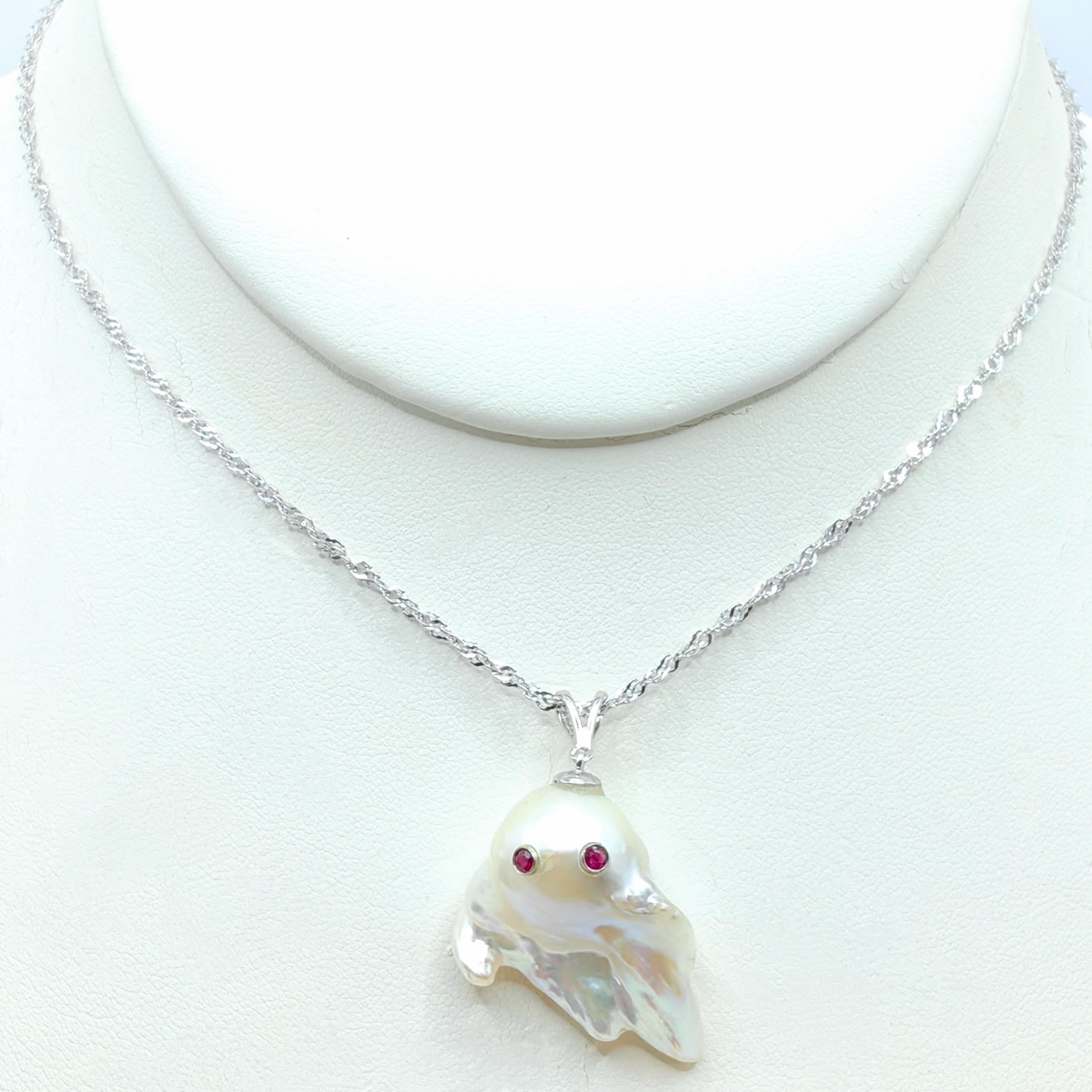 Darling Phantom: Ruby and White Baroque Pearl Ghost Pendant in 18K White Gold 1