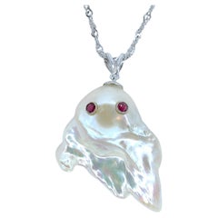 Darling Phantom: Ruby and White Baroque Pearl Ghost Pendant in 18K White Gold