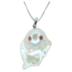Darling Phantom: Ruby & White Baroque Pearl Ghost Pendant in 18K White Gold