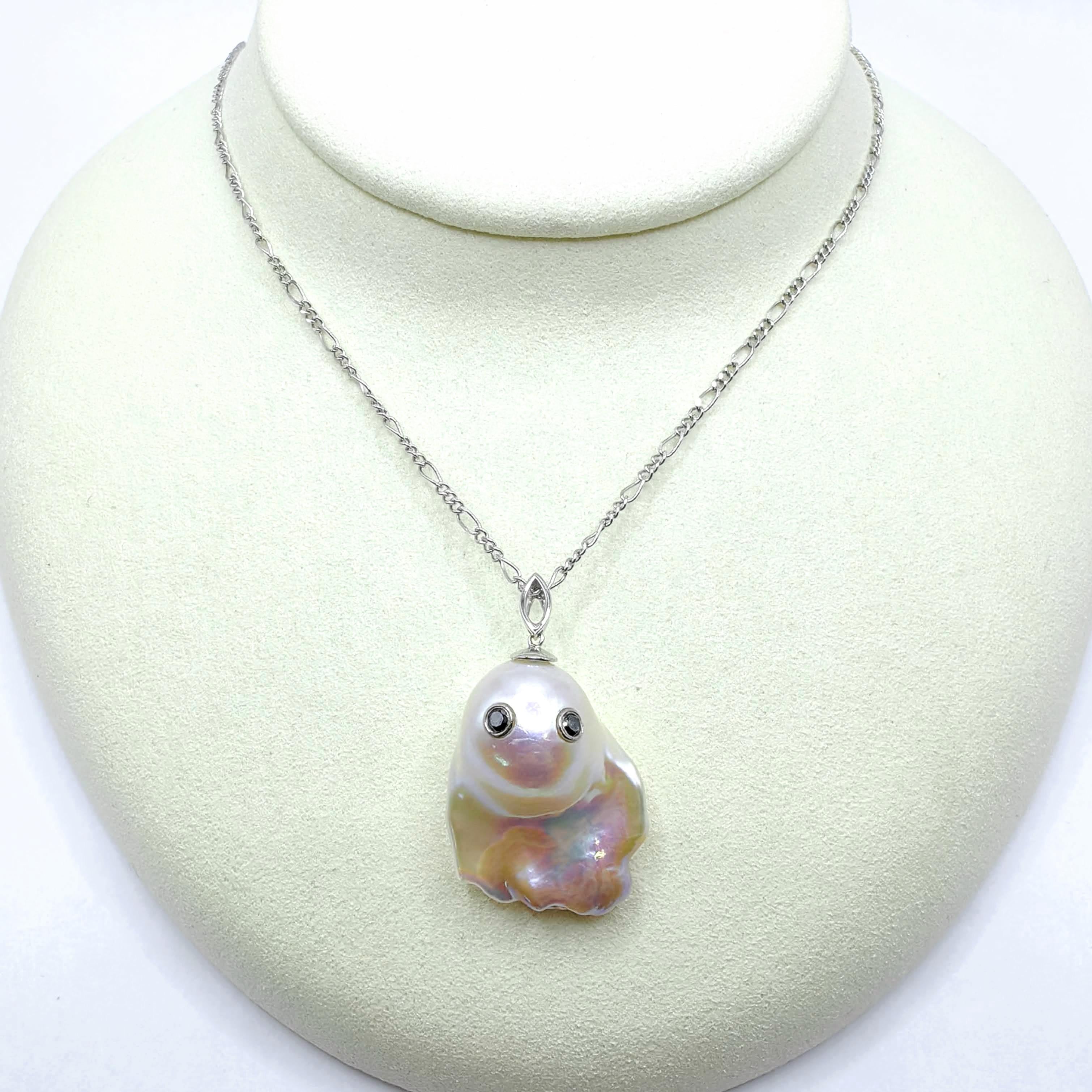 Brilliant Cut Darling Phantom XL: Black Diamond Baroque Pearl Ghost Pendant in 18K White Gold For Sale