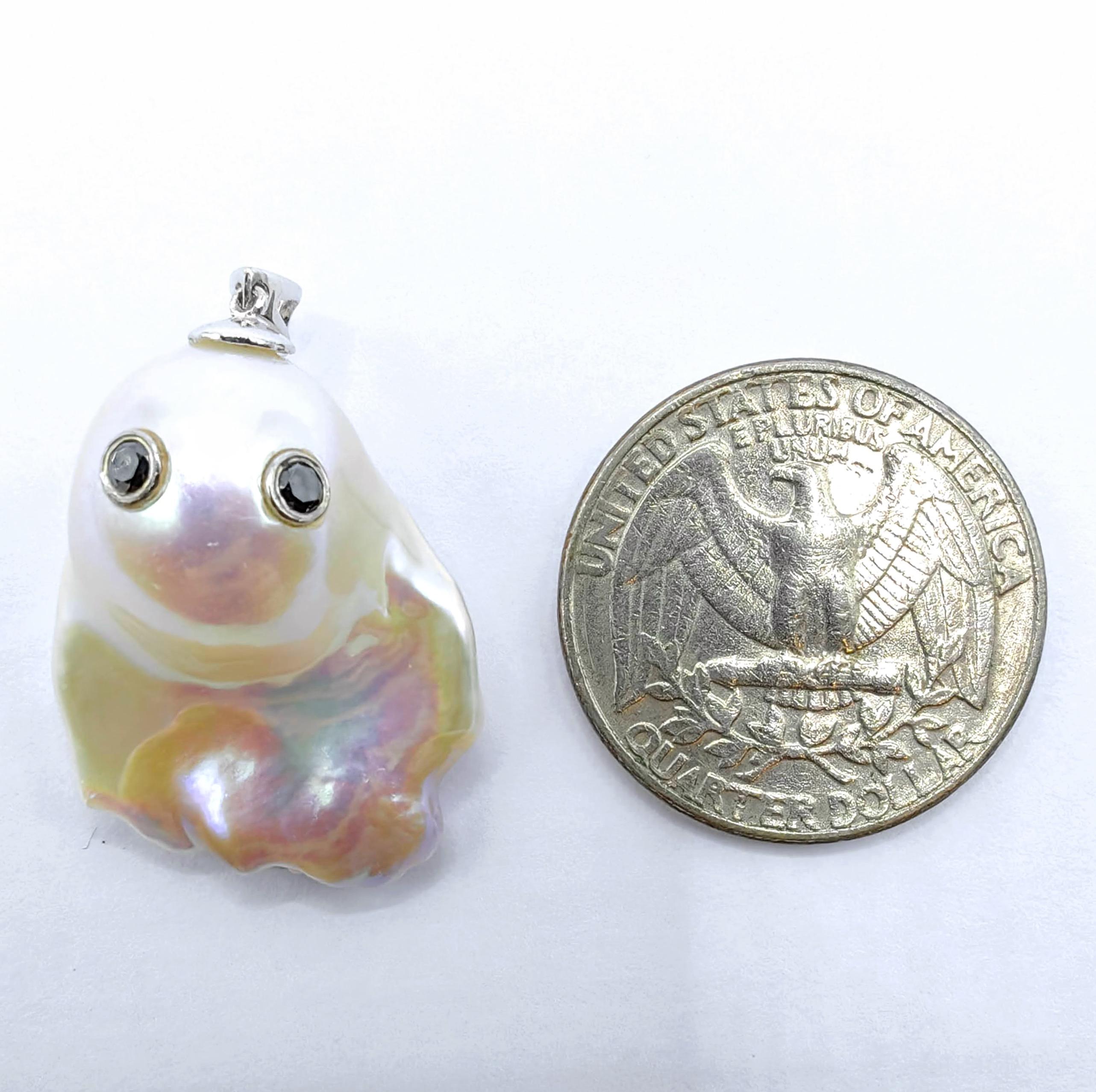 Darling Phantom XL: Black Diamond Baroque Pearl Ghost Pendant in 18K White Gold For Sale 1