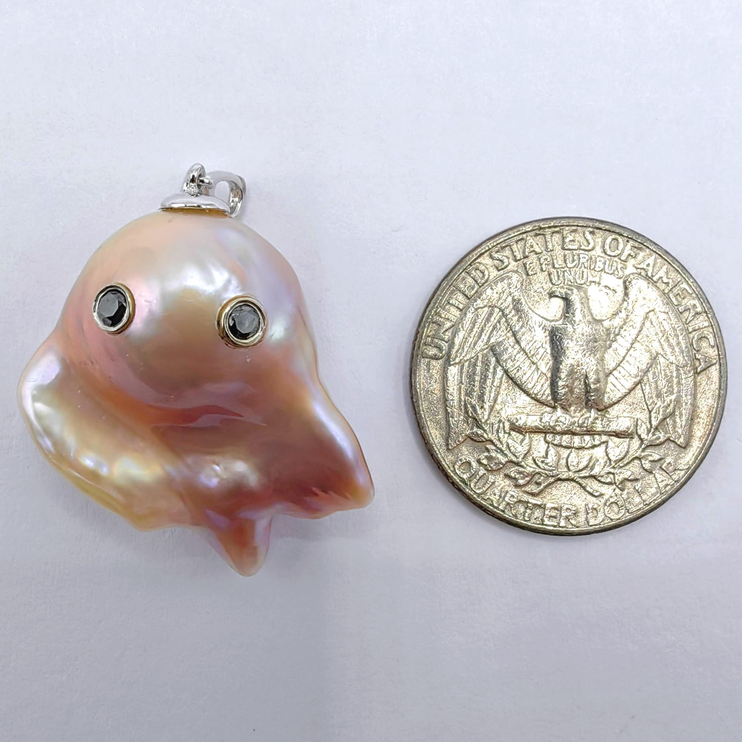 Women's or Men's Darling Phantom XL: Black Diamond & Pink Baroque Pearl Ghost Pendant in 18K Gold For Sale