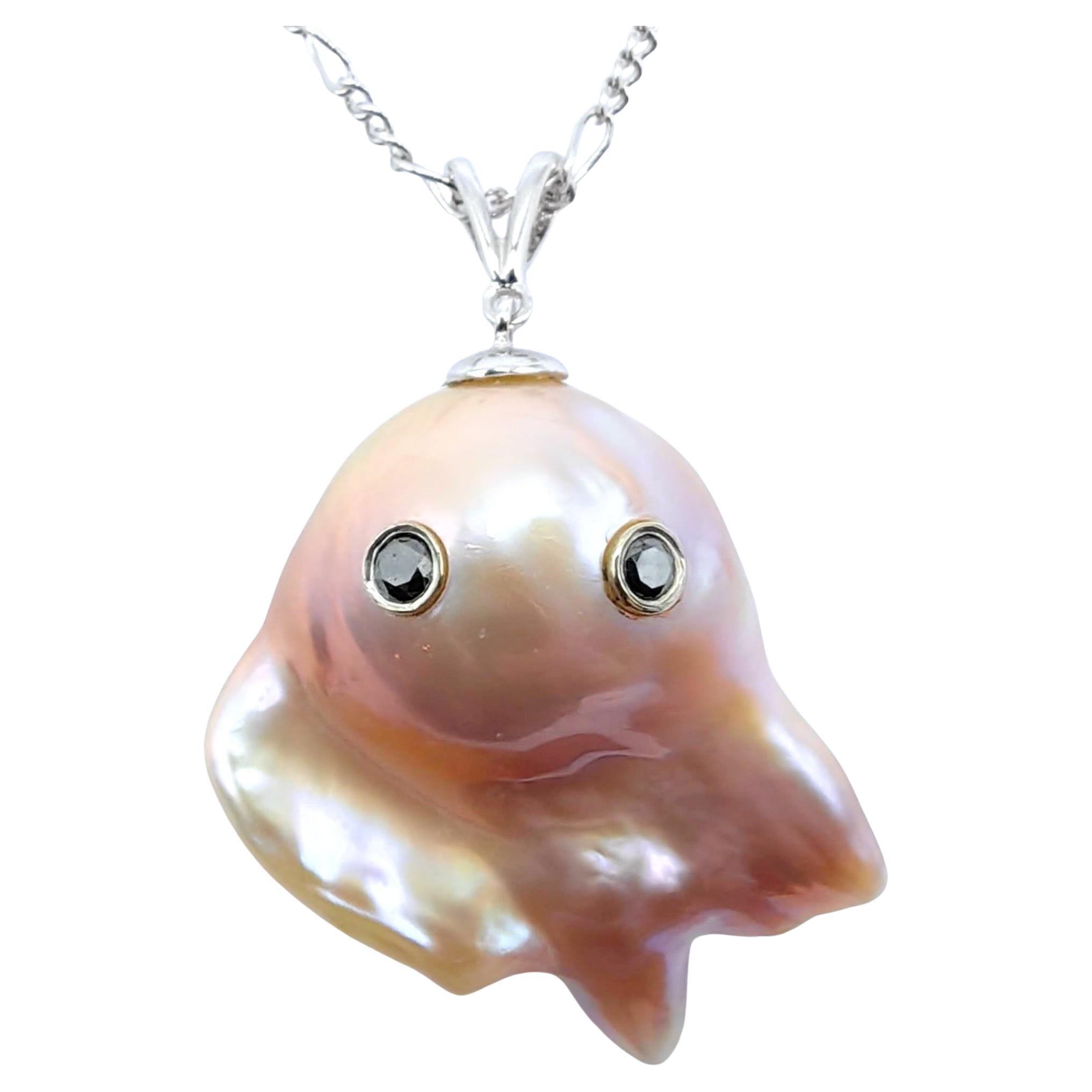 Darling Phantom XL: Black Diamond & Pink Baroque Pearl Ghost Pendant in 18K Gold