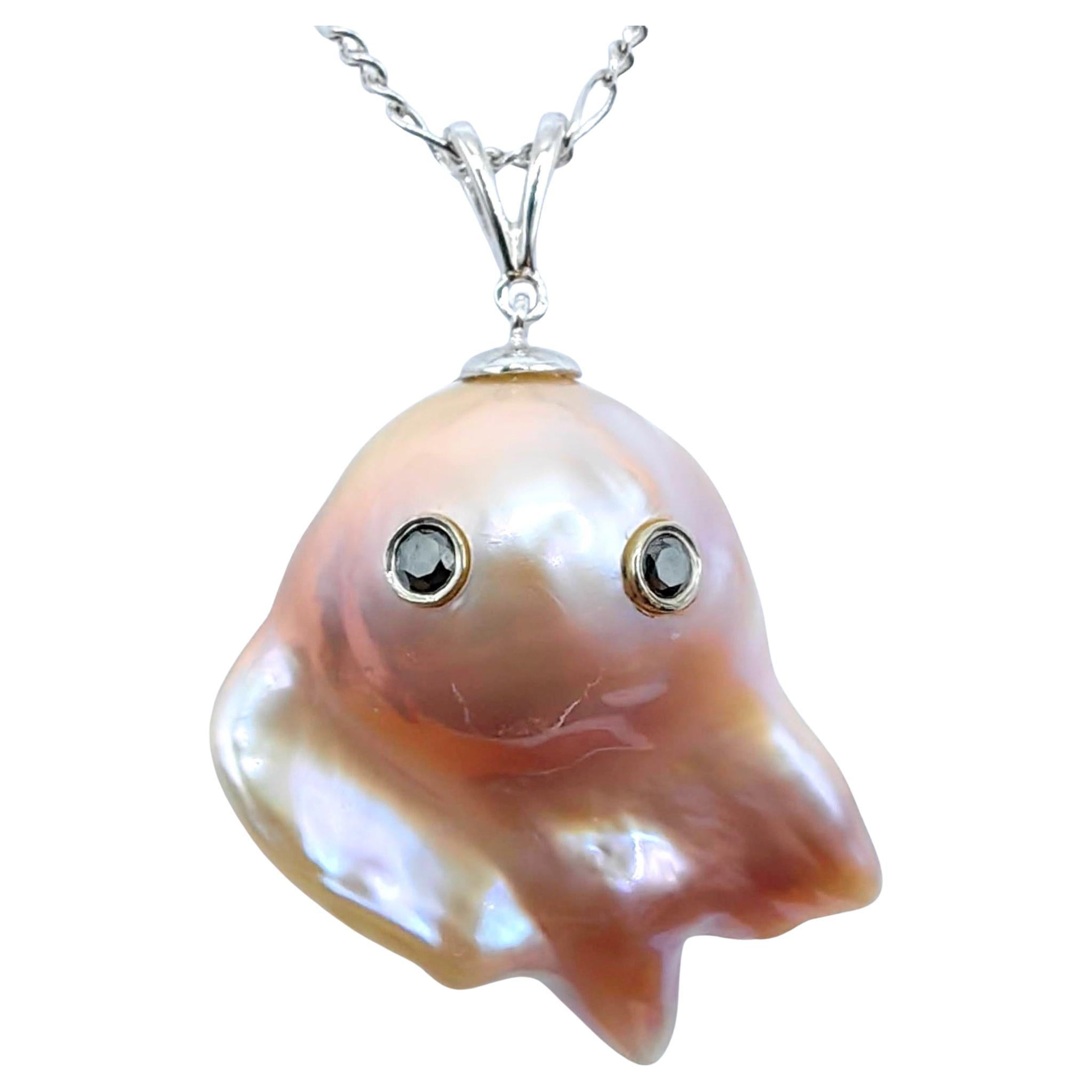 Darling Phantom XL: Black Diamond & Pink Baroque Pearl Ghost Pendant in 18K Gold For Sale