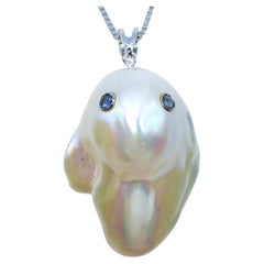 Darling Phantom XL: Blue Sapphire Baroque Pearl Ghost Pendant in 18K White Gold