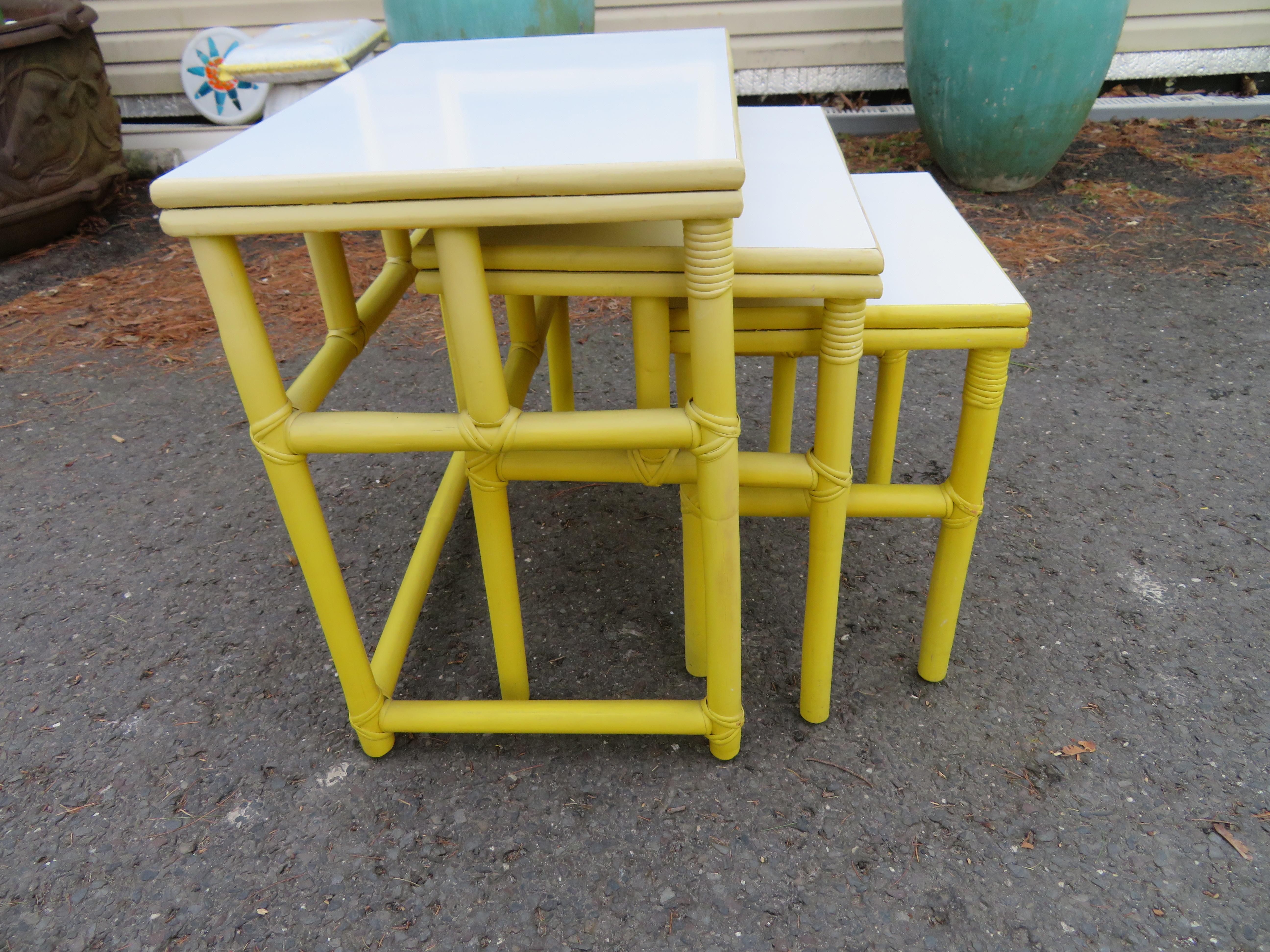 Darling Set of Yellow Rattan Stacking Nesting Tables Mid-Century Modern For Sale 6