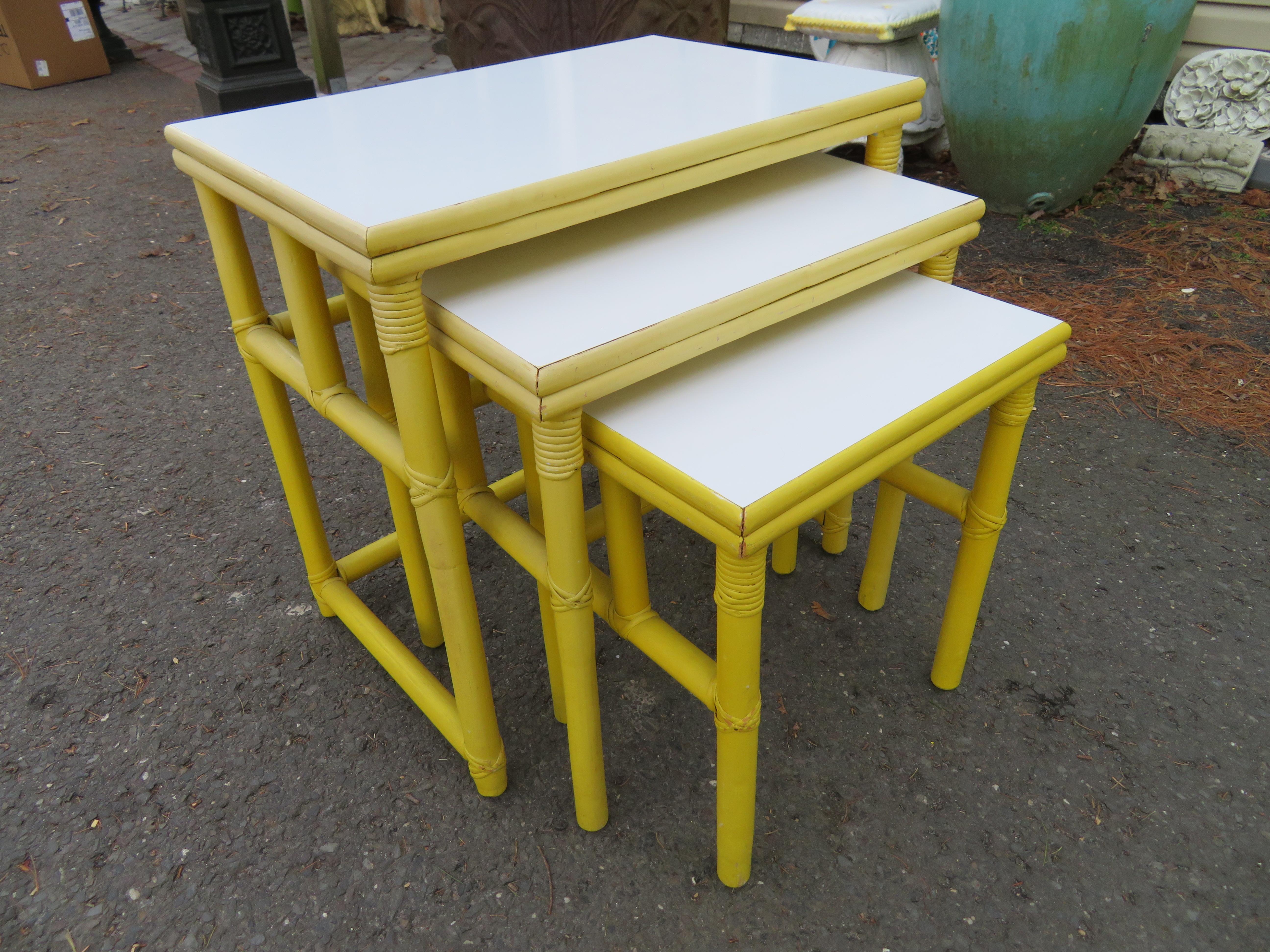 Darling Set of Yellow Rattan Stacking Nesting Tables Mid-Century Modern For Sale 7