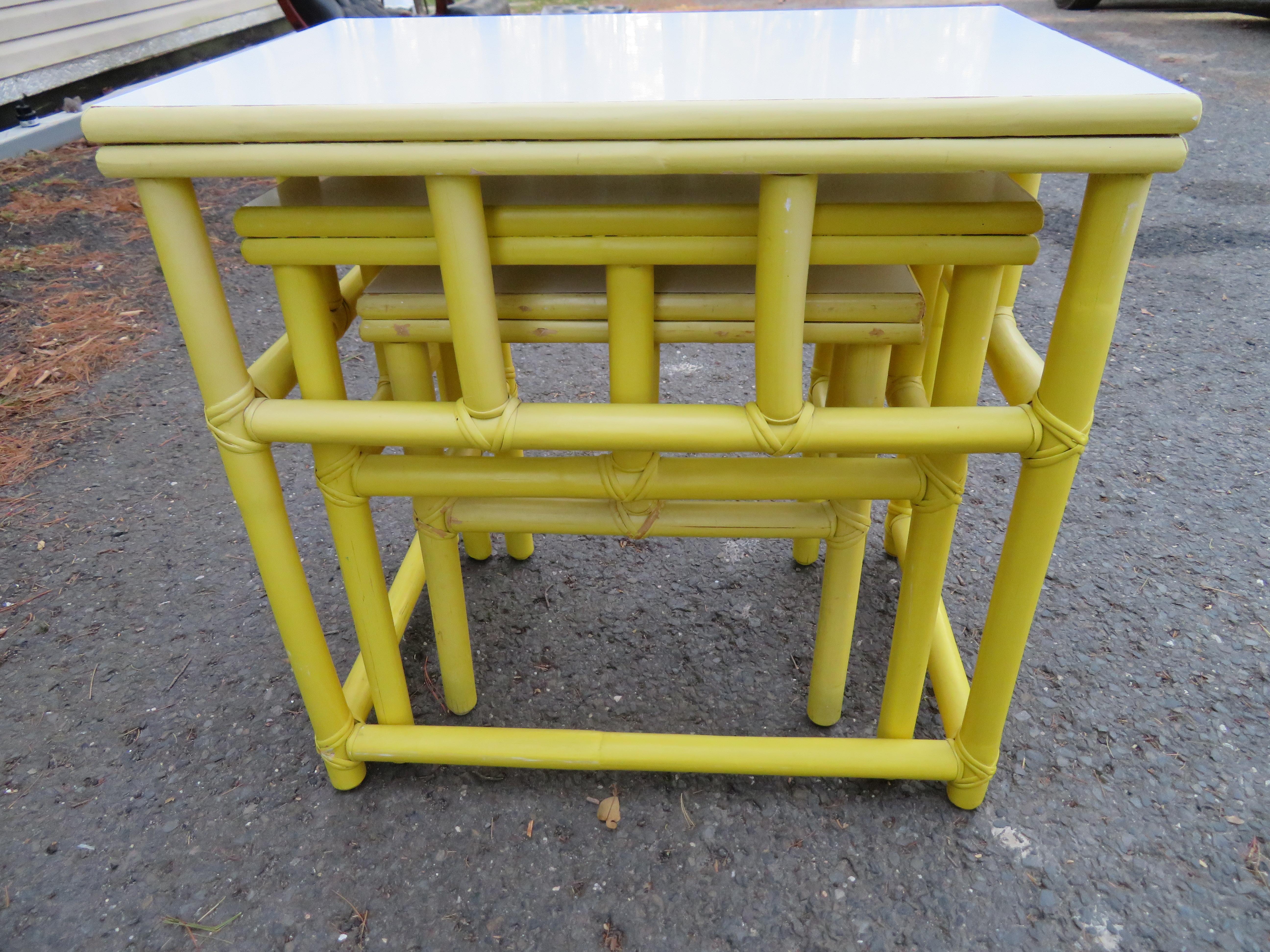 Darling Set of Yellow Rattan Stacking Nesting Tables Mid-Century Modern In Good Condition For Sale In Pemberton, NJ