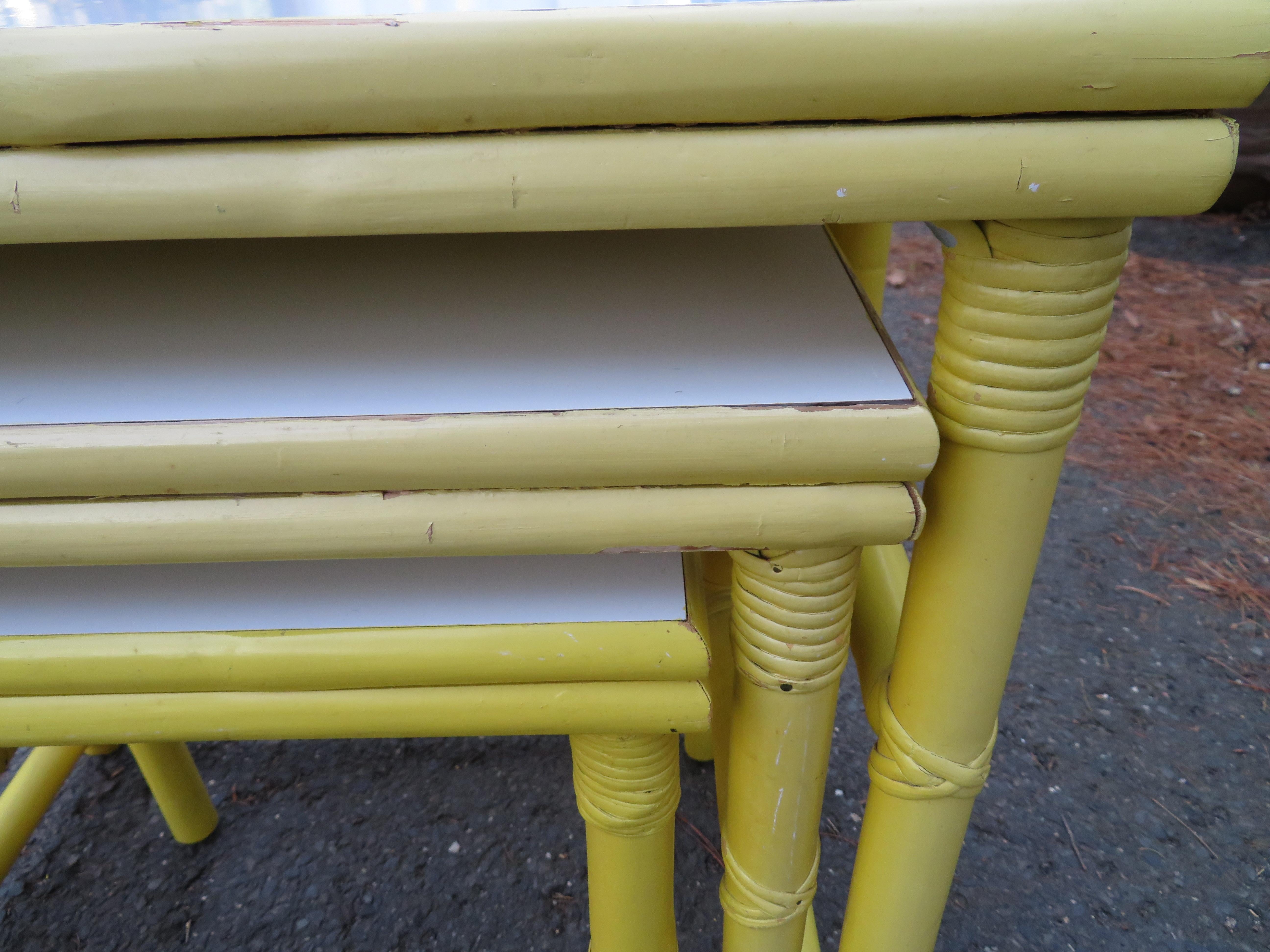 Mid-20th Century Darling Set of Yellow Rattan Stacking Nesting Tables Mid-Century Modern For Sale