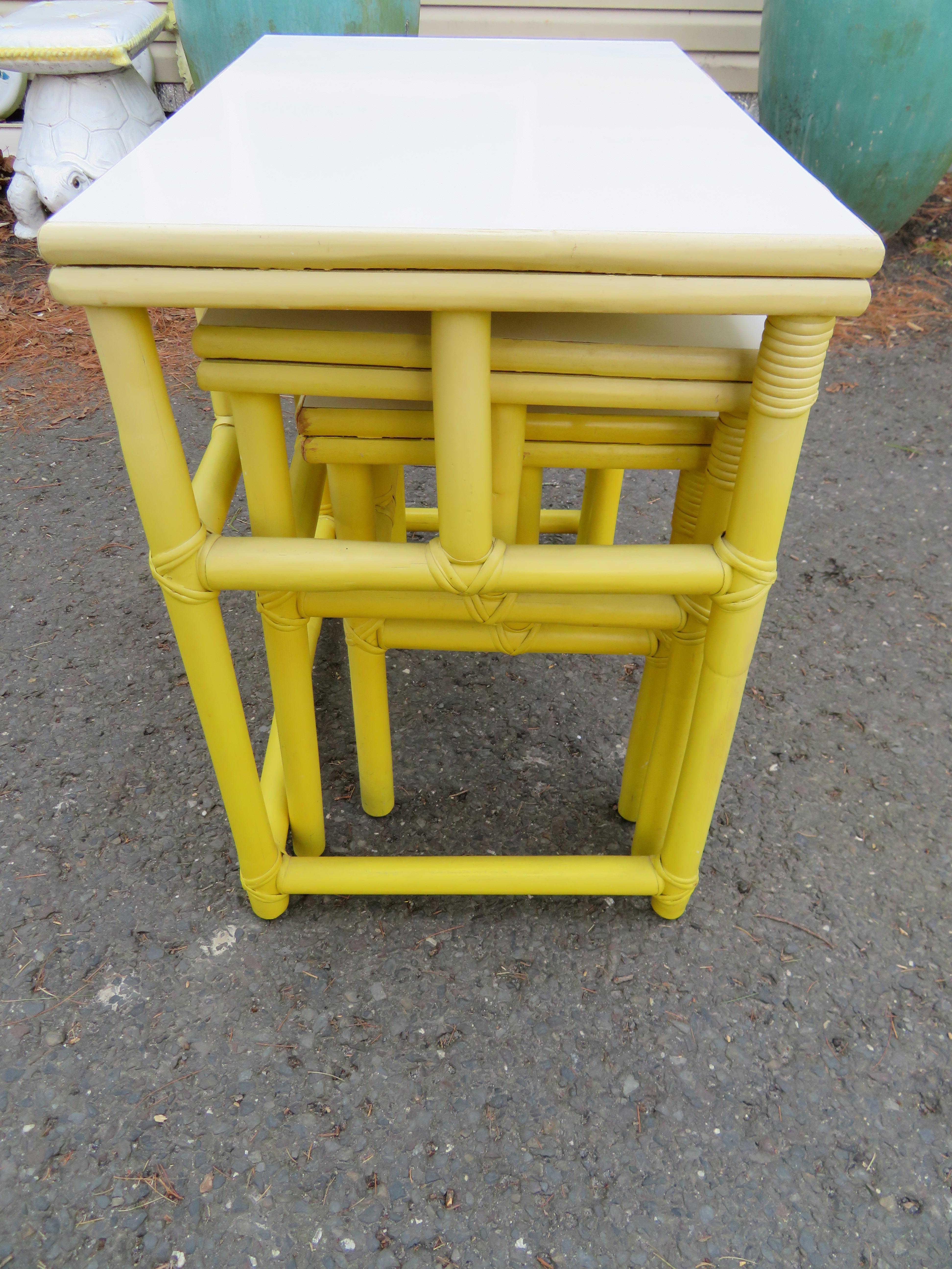 Darling Set of Yellow Rattan Stacking Nesting Tables Mid-Century Modern For Sale 1