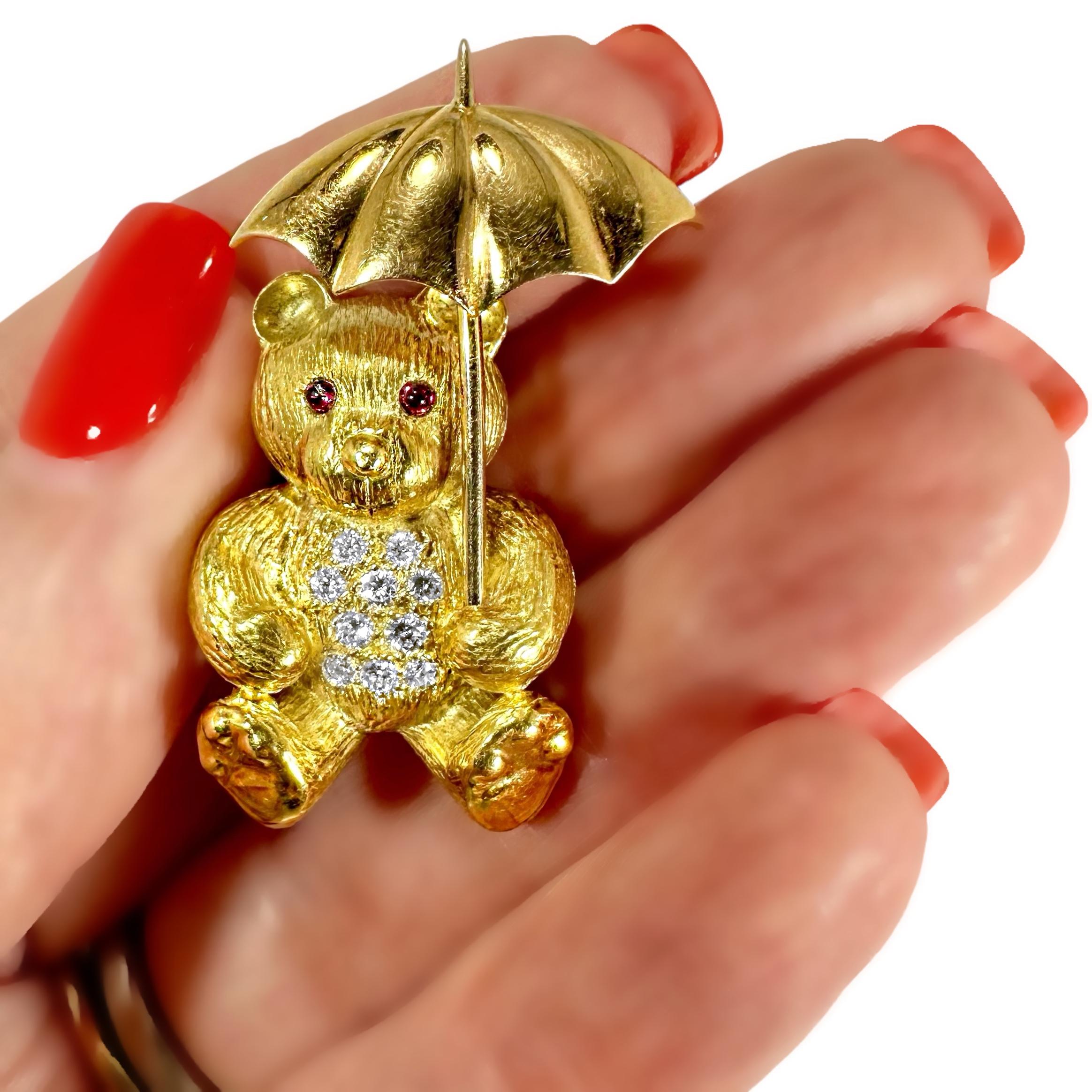 Gold Teddy Bear Pin on a Rainy Day with Diamonds & Rubies by E. Wolfe & Co. For Sale 6