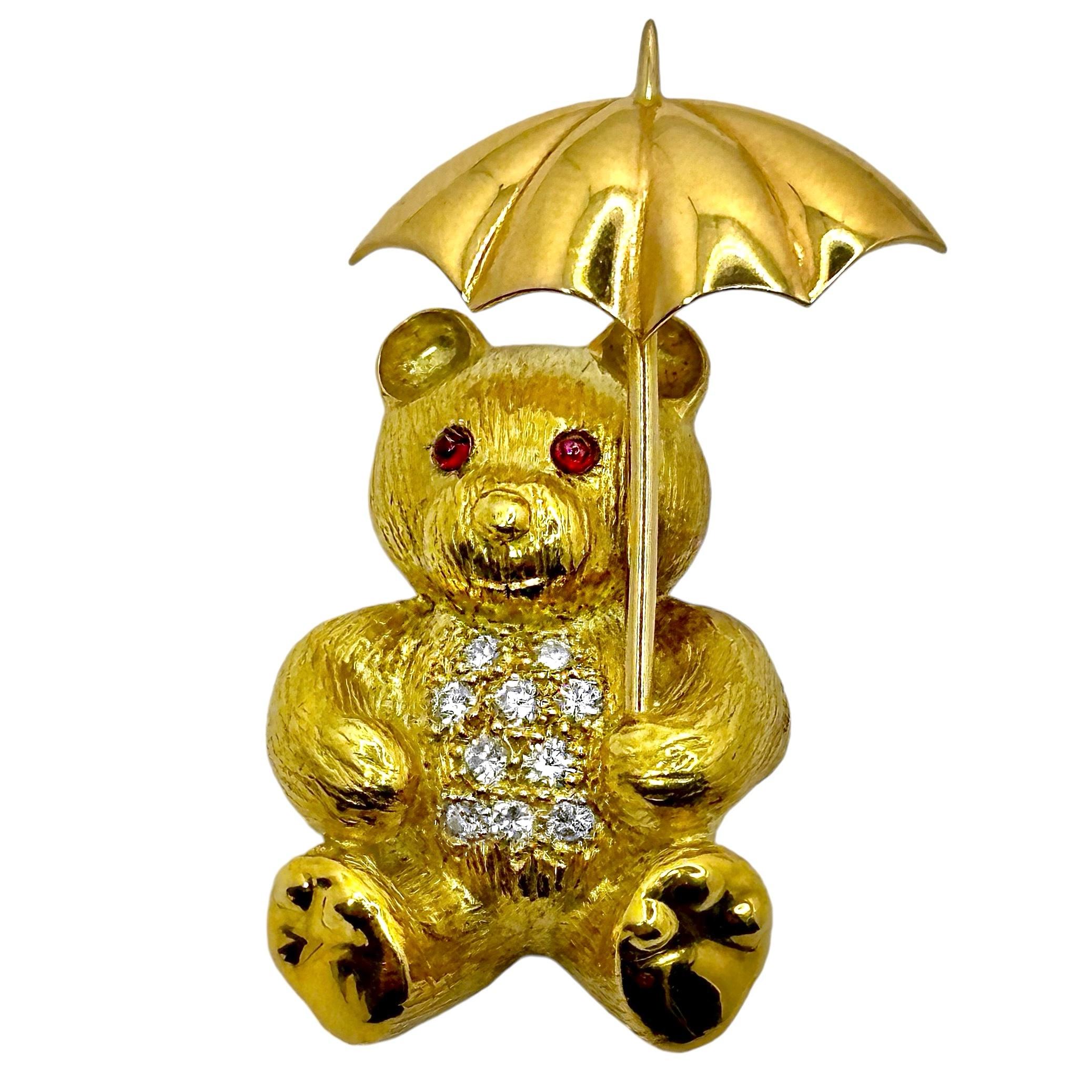 The British house of E. Wolfe & Co. has a very long history of creating wonderful and whimsical animal brooches and, this adorable little Teddy Bear is certainly no exception. With a diamond encrusted tummy, vibrant cabochon ruby eyes, and a