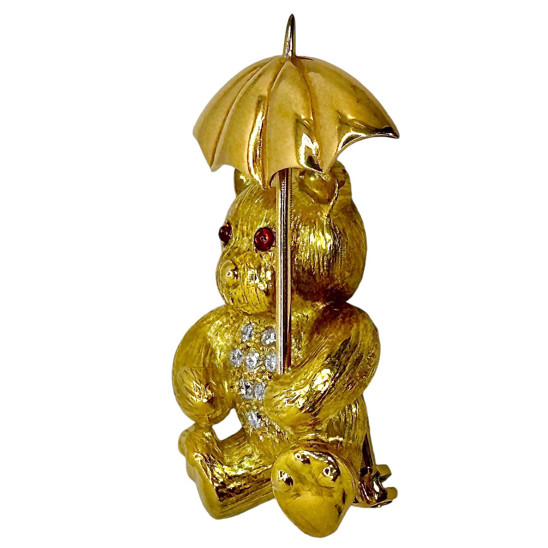 Modern Gold Teddy Bear Pin on a Rainy Day with Diamonds & Rubies by E. Wolfe & Co. For Sale
