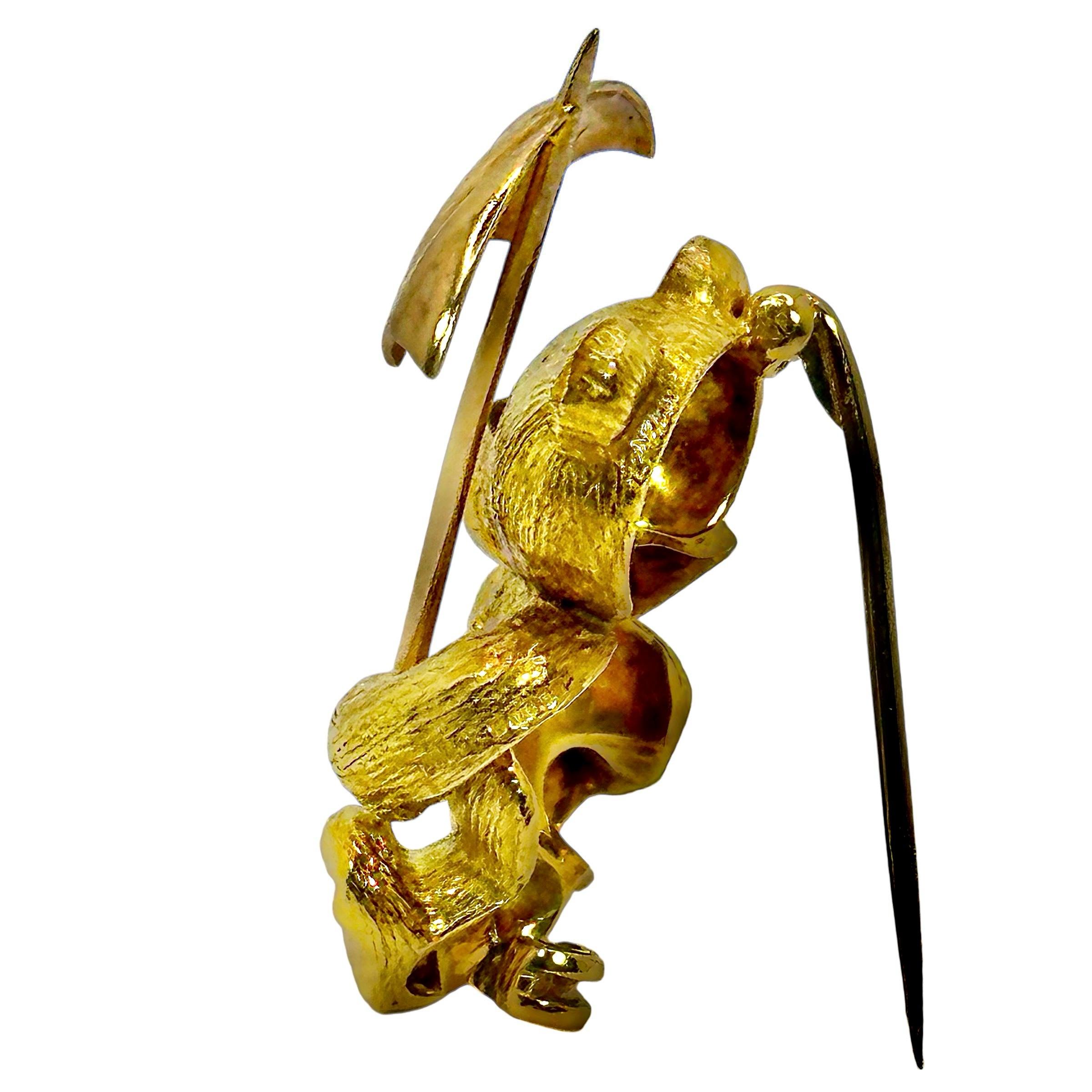Brilliant Cut Gold Teddy Bear Pin on a Rainy Day with Diamonds & Rubies by E. Wolfe & Co. For Sale