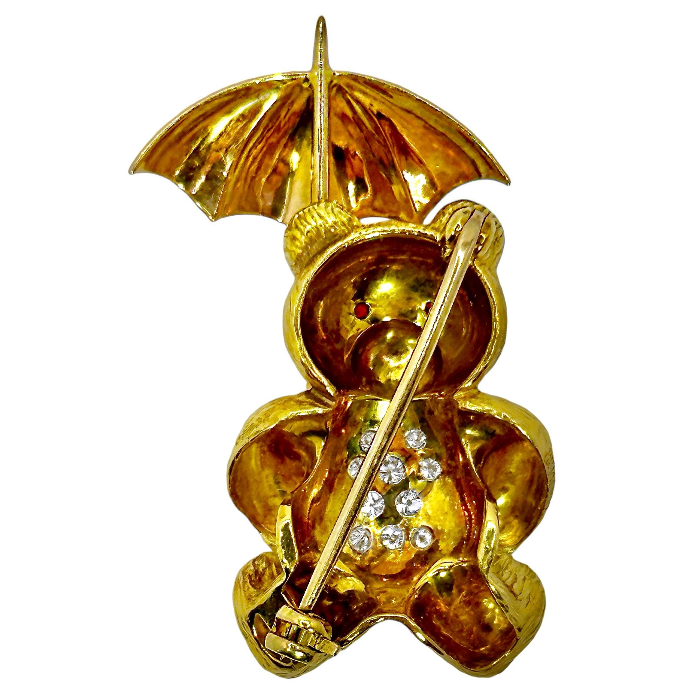 Gold Teddy Bear Pin on a Rainy Day with Diamonds & Rubies by E. Wolfe & Co. In Good Condition For Sale In Palm Beach, FL