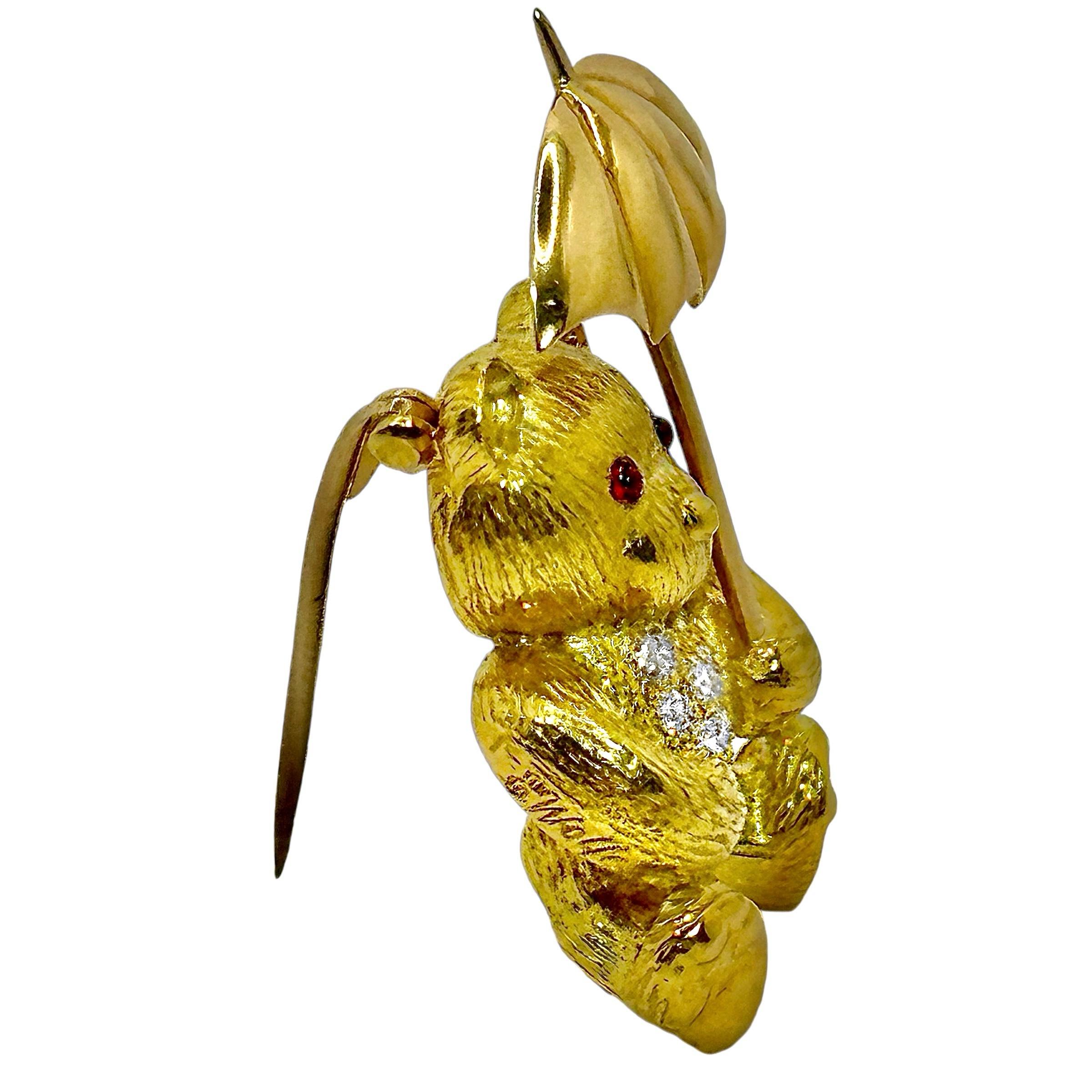 Women's or Men's Gold Teddy Bear Pin on a Rainy Day with Diamonds & Rubies by E. Wolfe & Co. For Sale