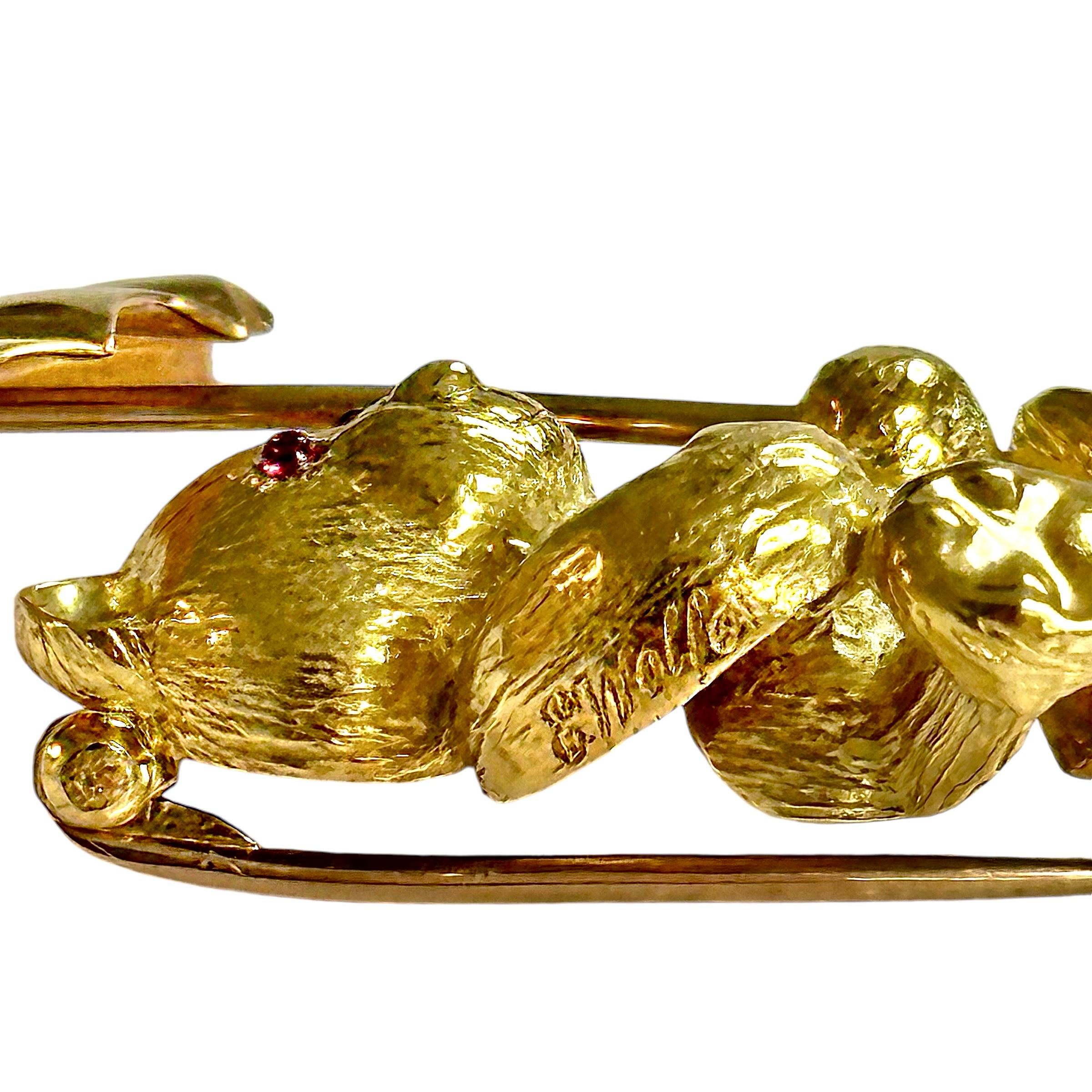 Gold Teddy Bear Pin on a Rainy Day with Diamonds & Rubies by E. Wolfe & Co. For Sale 1