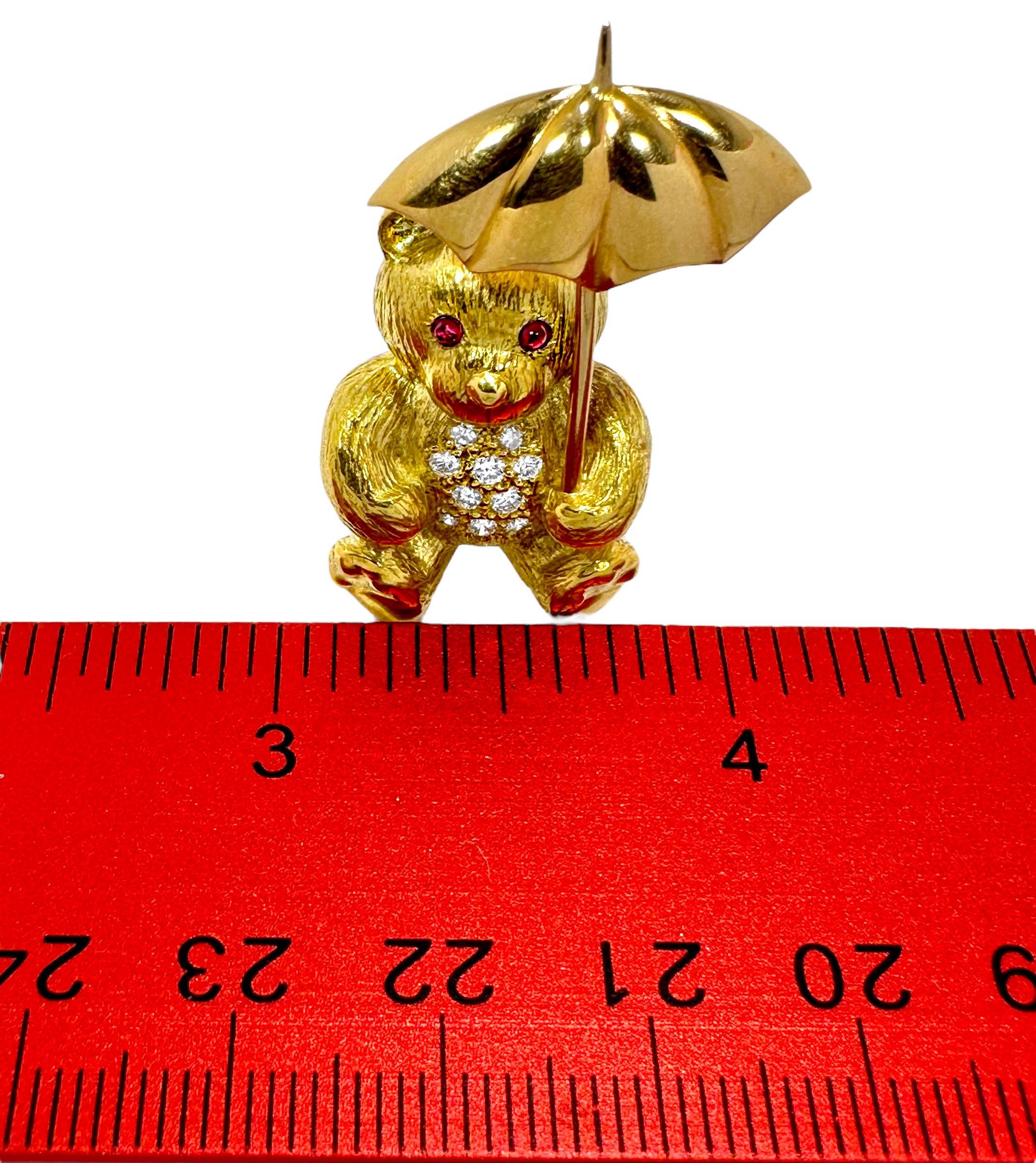 Gold Teddy Bear Pin on a Rainy Day with Diamonds & Rubies by E. Wolfe & Co. For Sale 2