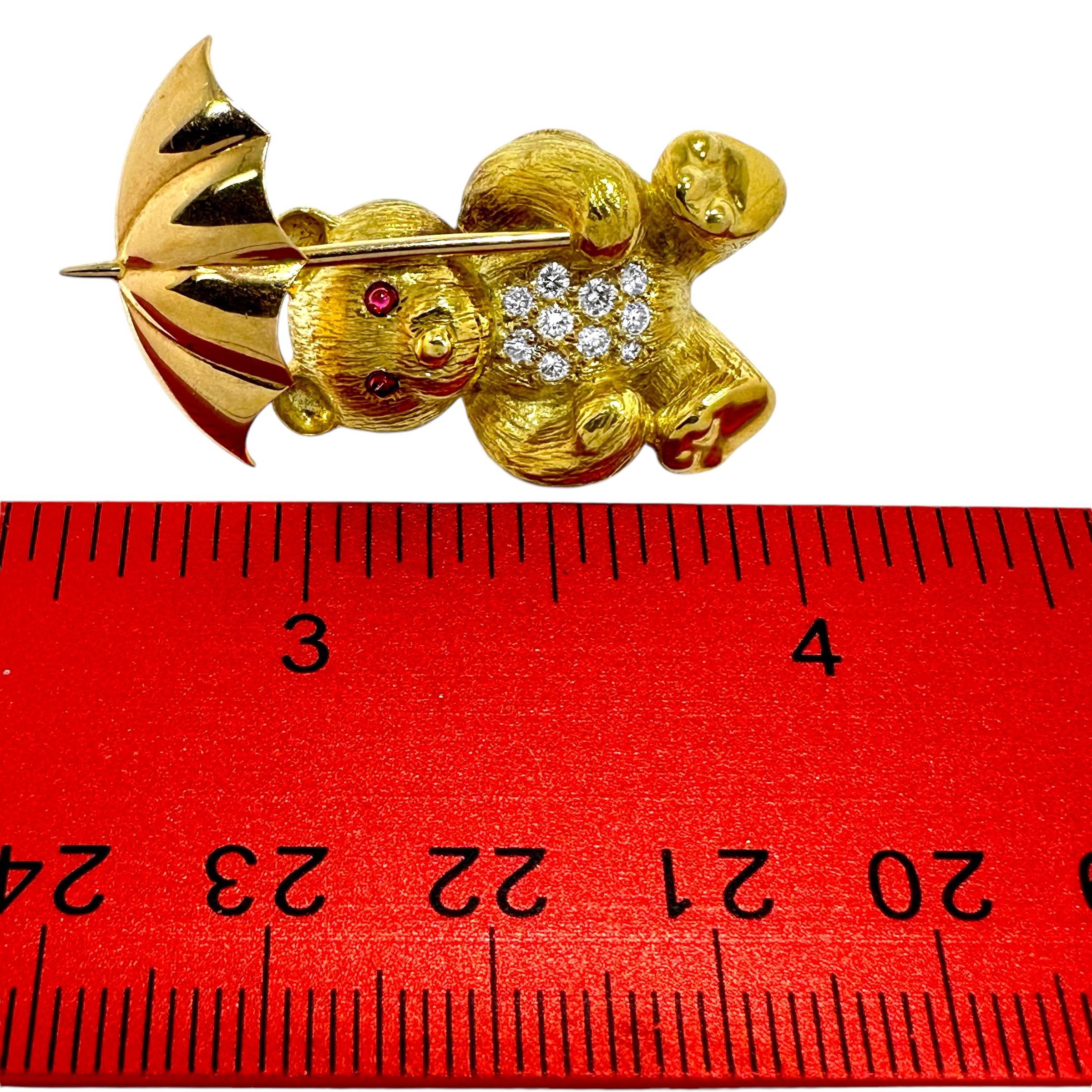 Gold Teddy Bear Pin on a Rainy Day with Diamonds & Rubies by E. Wolfe & Co. For Sale 3
