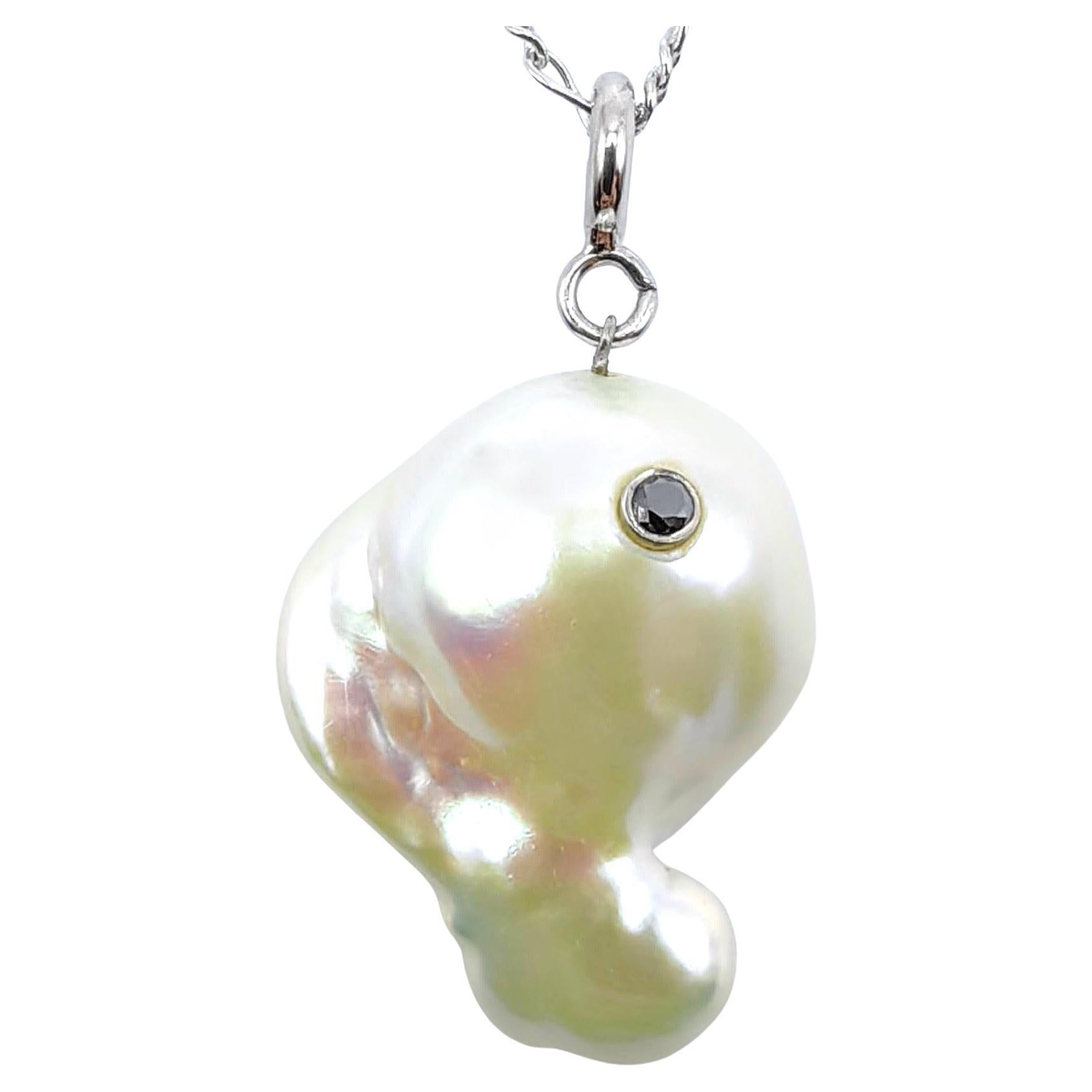 Darling Whale: Black Diamond Baroque Pearl Beluga 18K White Gold Charm/Pendant For Sale