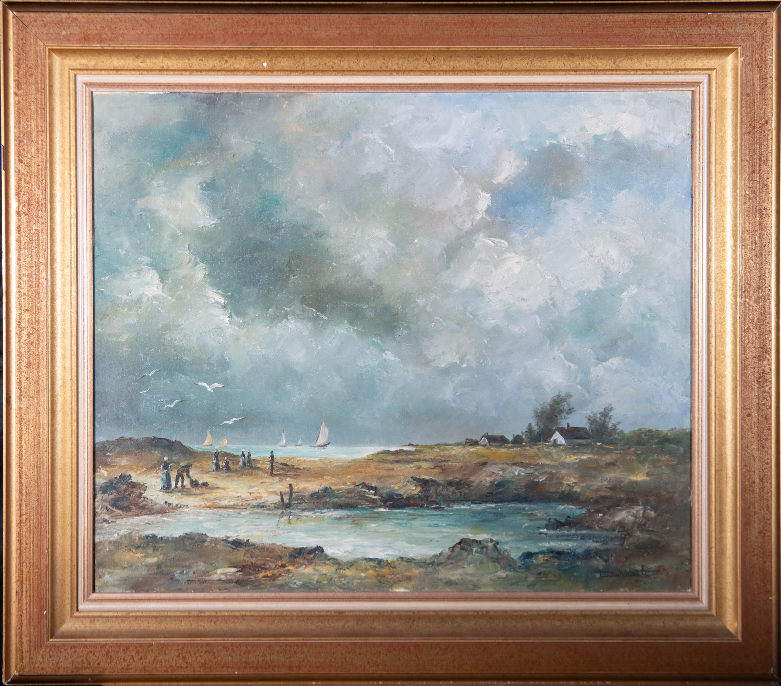 An atmospheric view of storm clouds circling above sailing boats on the coast. Figures can be seen gathered to the lower-left corner of the composition. Presented in a distressed gilt-effect wooden frame. Signed to the lower-right edge. On canvas on