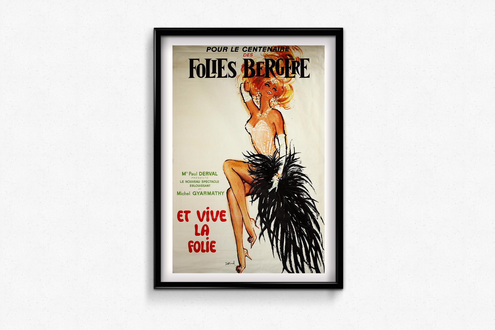 Créée pour célébrer les 100 ans des légendaires Folies Bergère, cette éblouissante affiche datant de 1960 capture l'essence glamour de la revue théâtrale parisienne dans ce qu'elle a de plus extravagant. Illustrée par Design/One, un maître de la