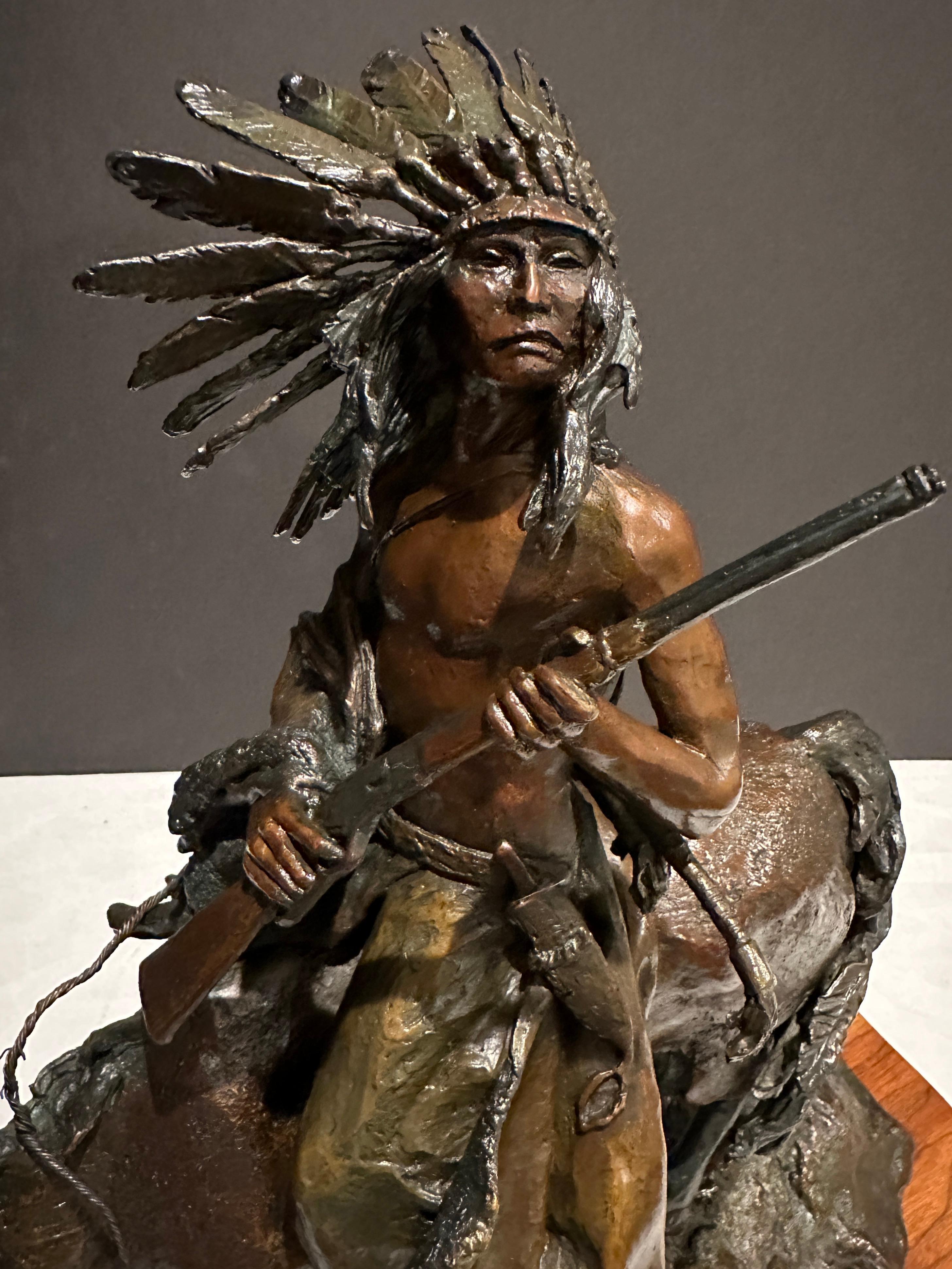 Native American on horseback. Signed and numbered 24/30, artists cypher.
Daro Flood (1954 - 2017) was active/lived in Arizona.  Daro Flood is known for Portrait bust Indian and cowboy sculpture.
Daro Flood was a jeweler who made the decision to