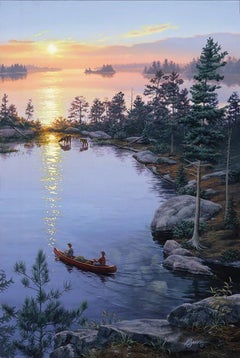 Darrell Bush, "On Higher Ground", Canoe Sunset Lake Landscape Oil Painting 