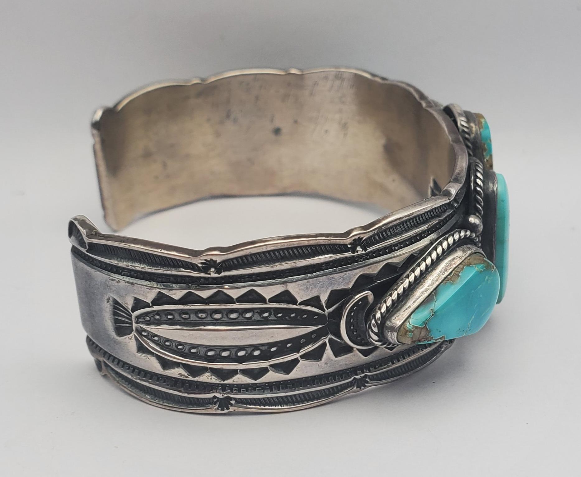 Native American Darrell Cadman Signed Navajo Royston Turquoise Sterling Silver Cuff Bracelet