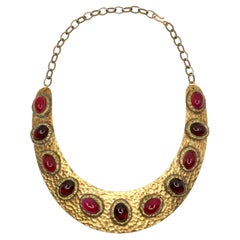 Darren Manes Gold Tone Red Gripoix Cabochons Statement Necklace