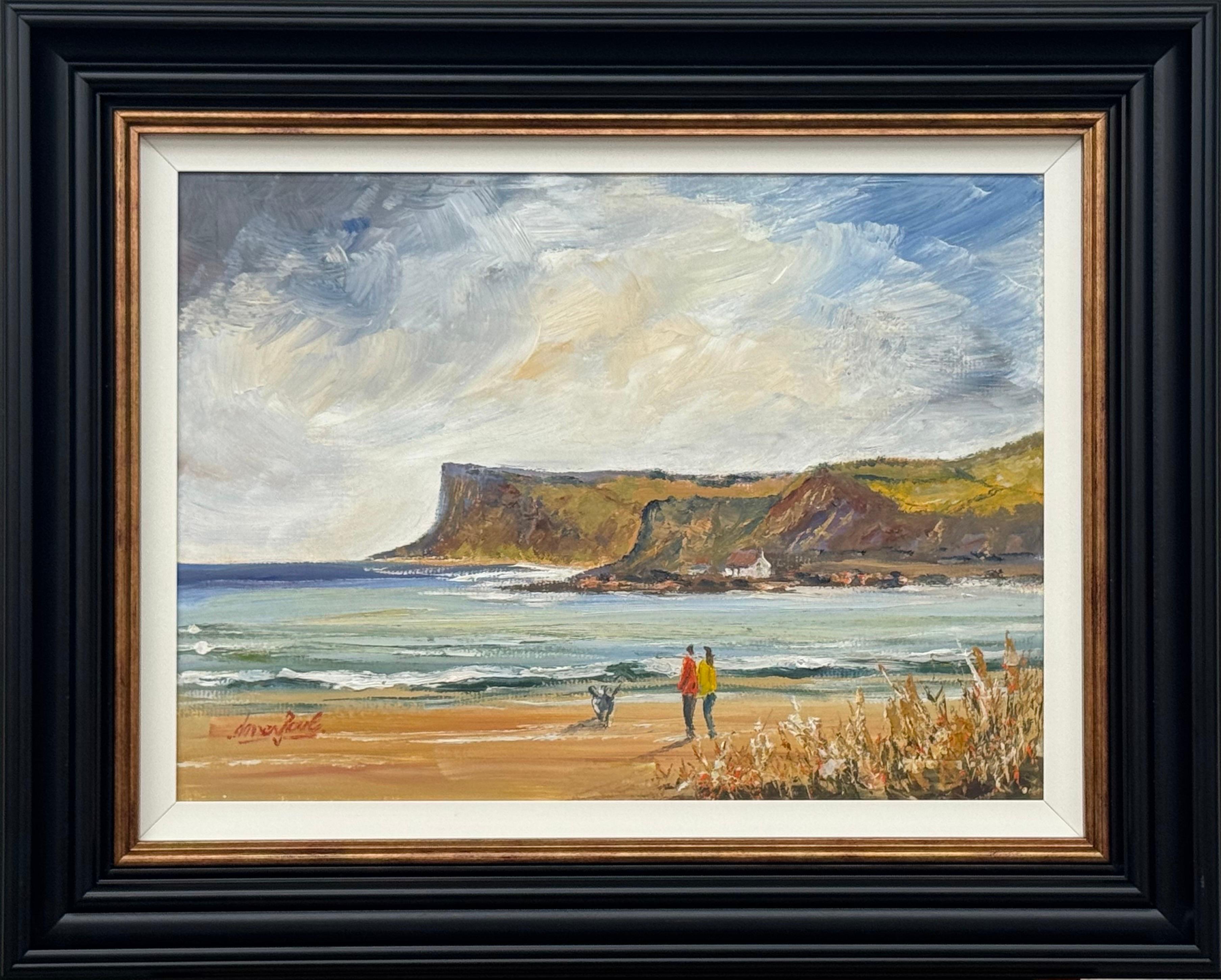 Figures sur la plage Peinture de falaises en Irlande Huile sur toile 1990's