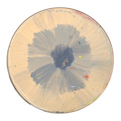 „Reel“ Modernes abstraktes, neutral getöntes, kreisförmiges Gemälde aus Leinwandgemälde