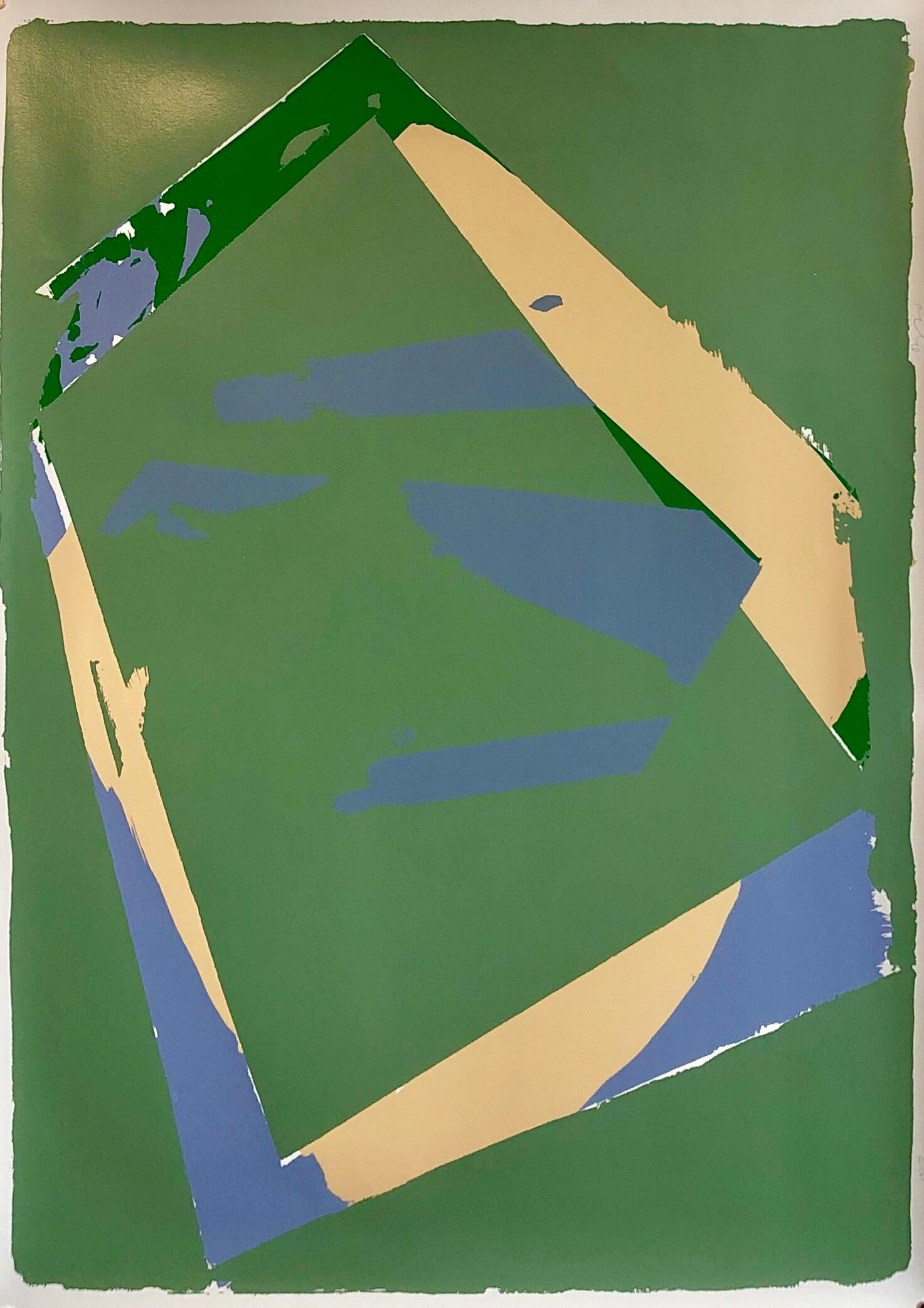 Darryl Hughto Abstract Print - 1970s Large Abstract Color Field Silkscreen Modernist Serigraph Bold Blue Green 