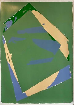 Grand champ de couleurs abstrait sérigraphie moderniste des années 1970 Sérigraphie en soie bleu vert audacieux