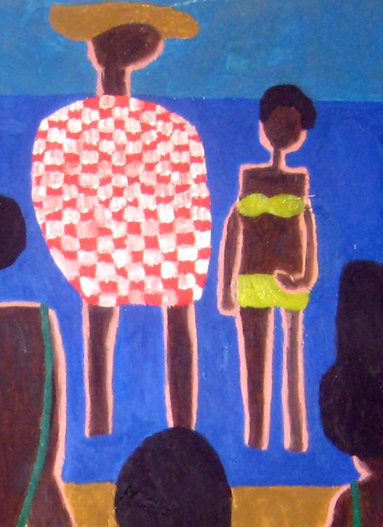 Beach (Naive Artist paints Family at the Beach in Cubist Style) - Painting by Darshan Russell
