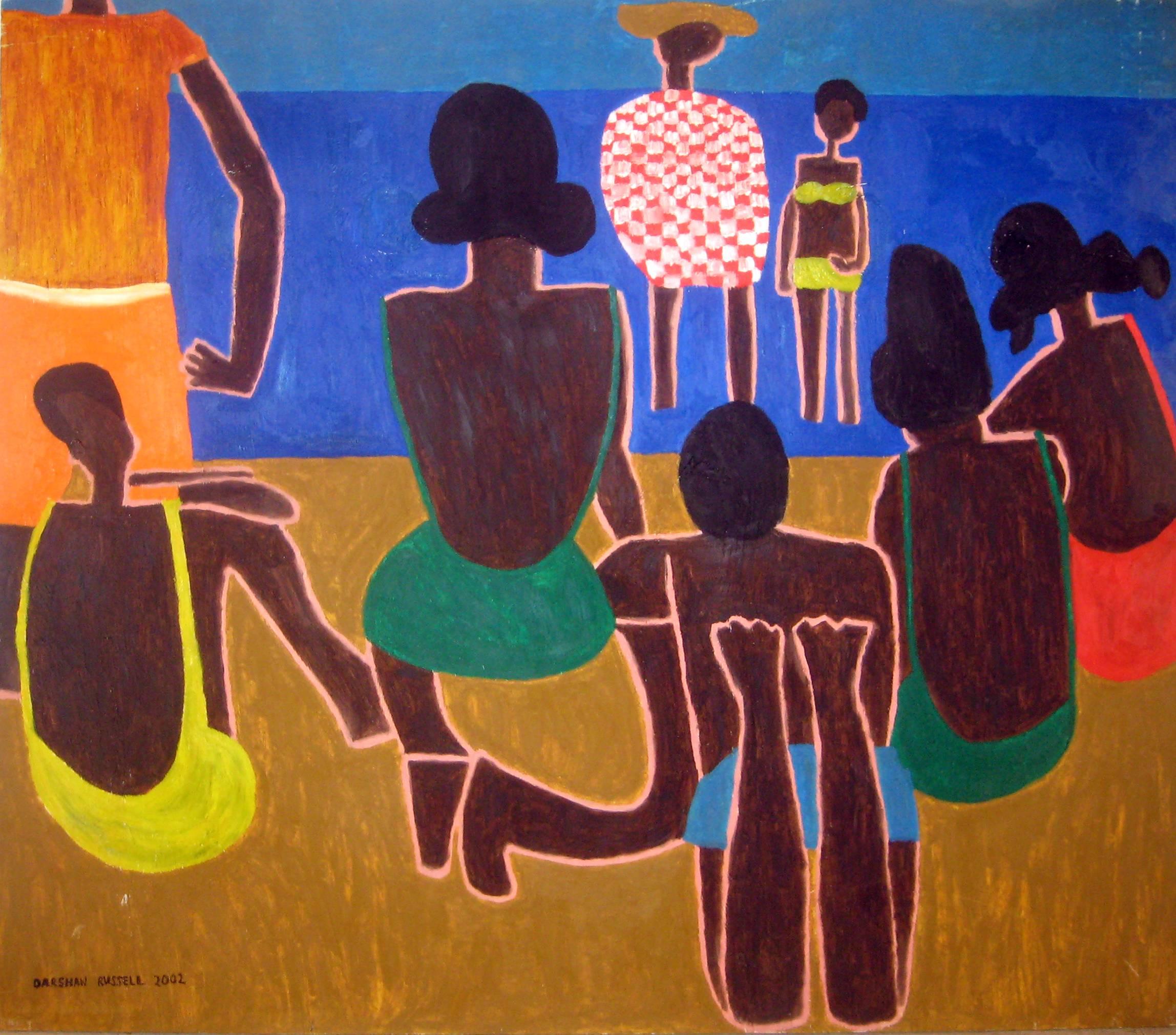 Darshan Russell Landscape Painting - Beach (Naive Artist paints Family at the Beach in Cubist Style)