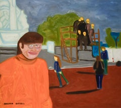 Self Portrait (Colorful Faux-Naif Figurative Cityscape Oil Painting)