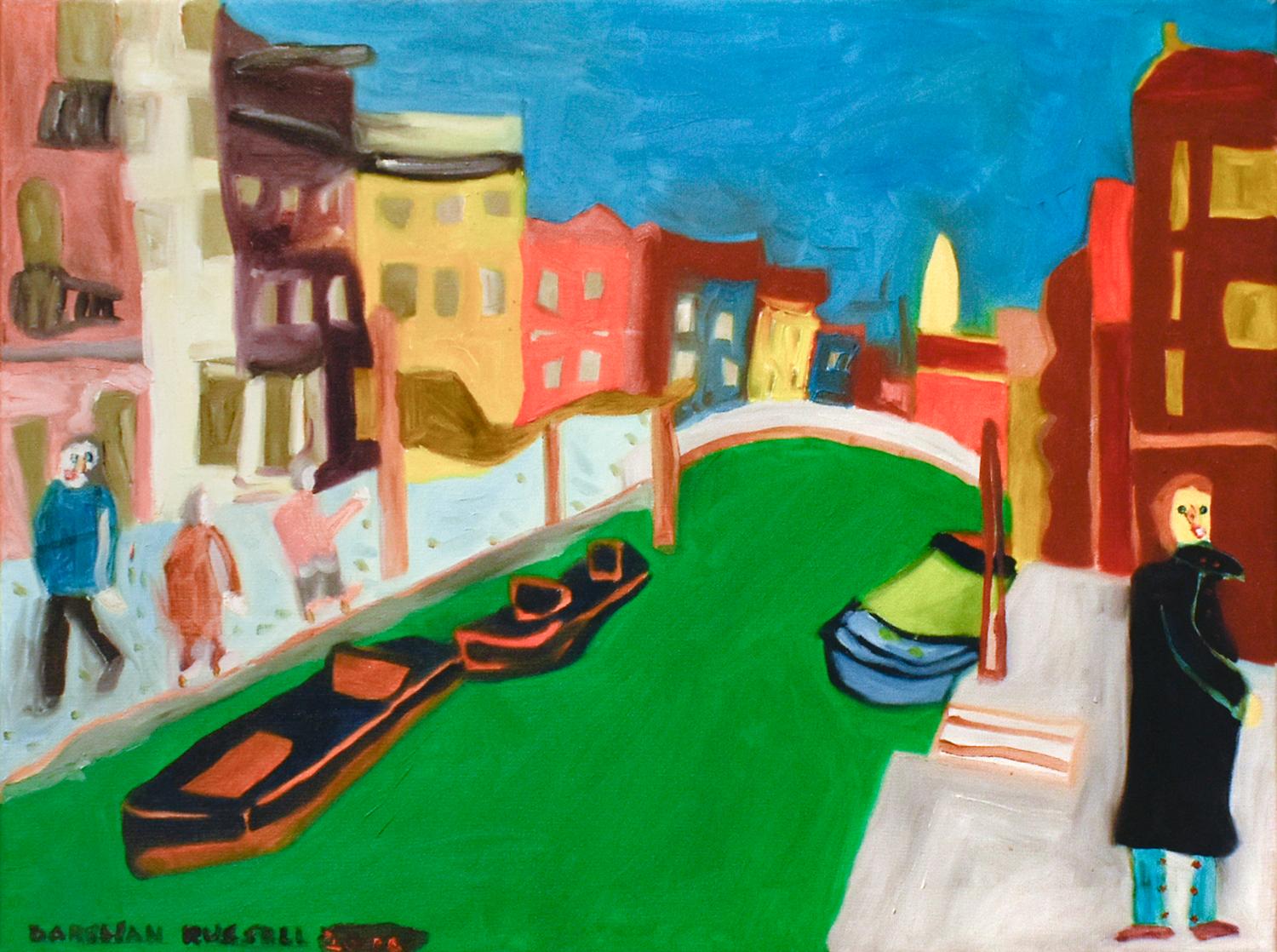 Darshan Russell Landscape Painting - Venice (Colorful Faux-Naif Cityscape Oil Painting)