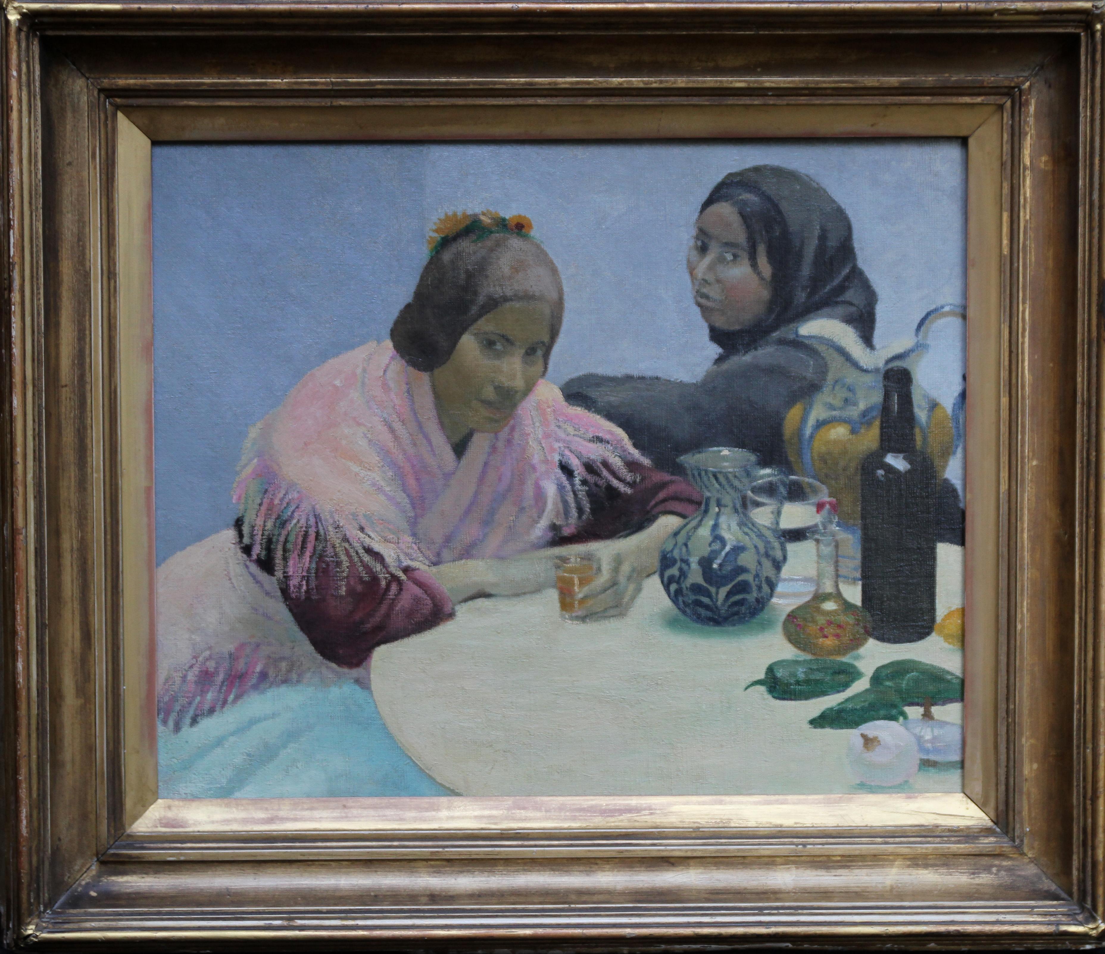Two Women in a Cafe - British 1930's art oil portrait painting Spain jugs pink For Sale 7