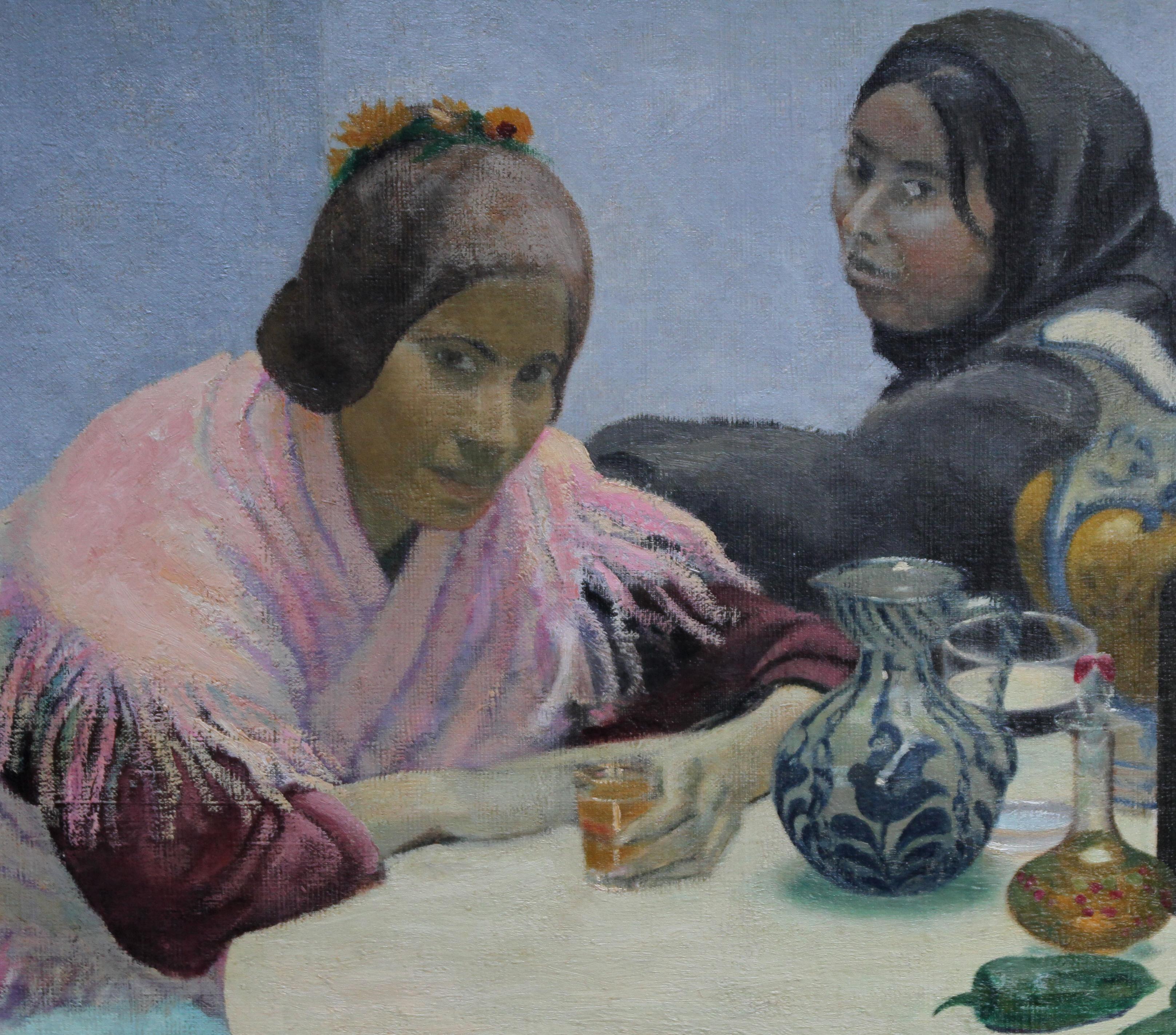 Zwei Frauen in einem Cafe – britisches Ölporträtgemälde aus den 1930er Jahren, Spanien, Krüge in Rosa (Impressionismus), Painting, von Darsie Japp