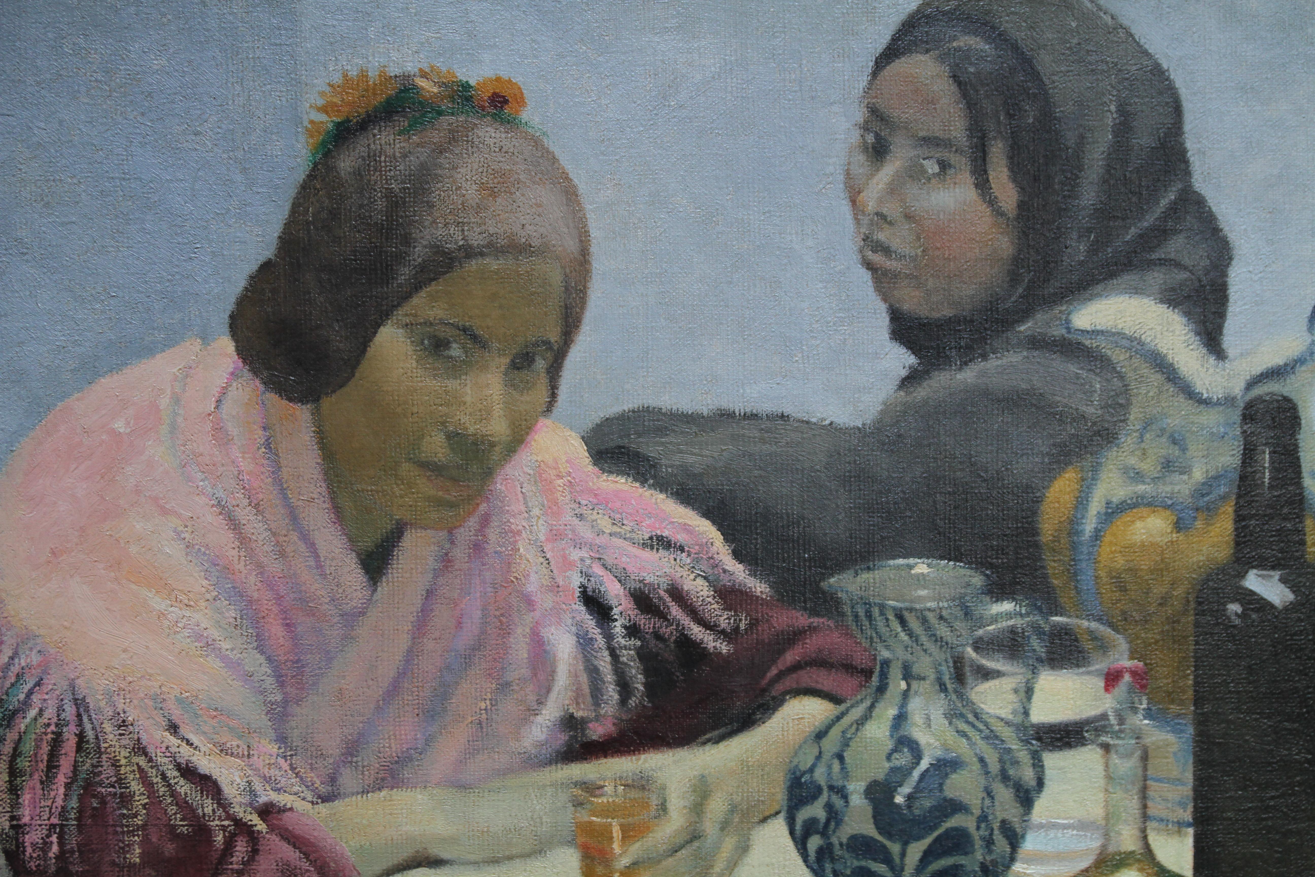 Two Women in a Cafe - British 1930's art oil portrait painting Spain jugs pink - Impressionist Painting by Darsie Japp