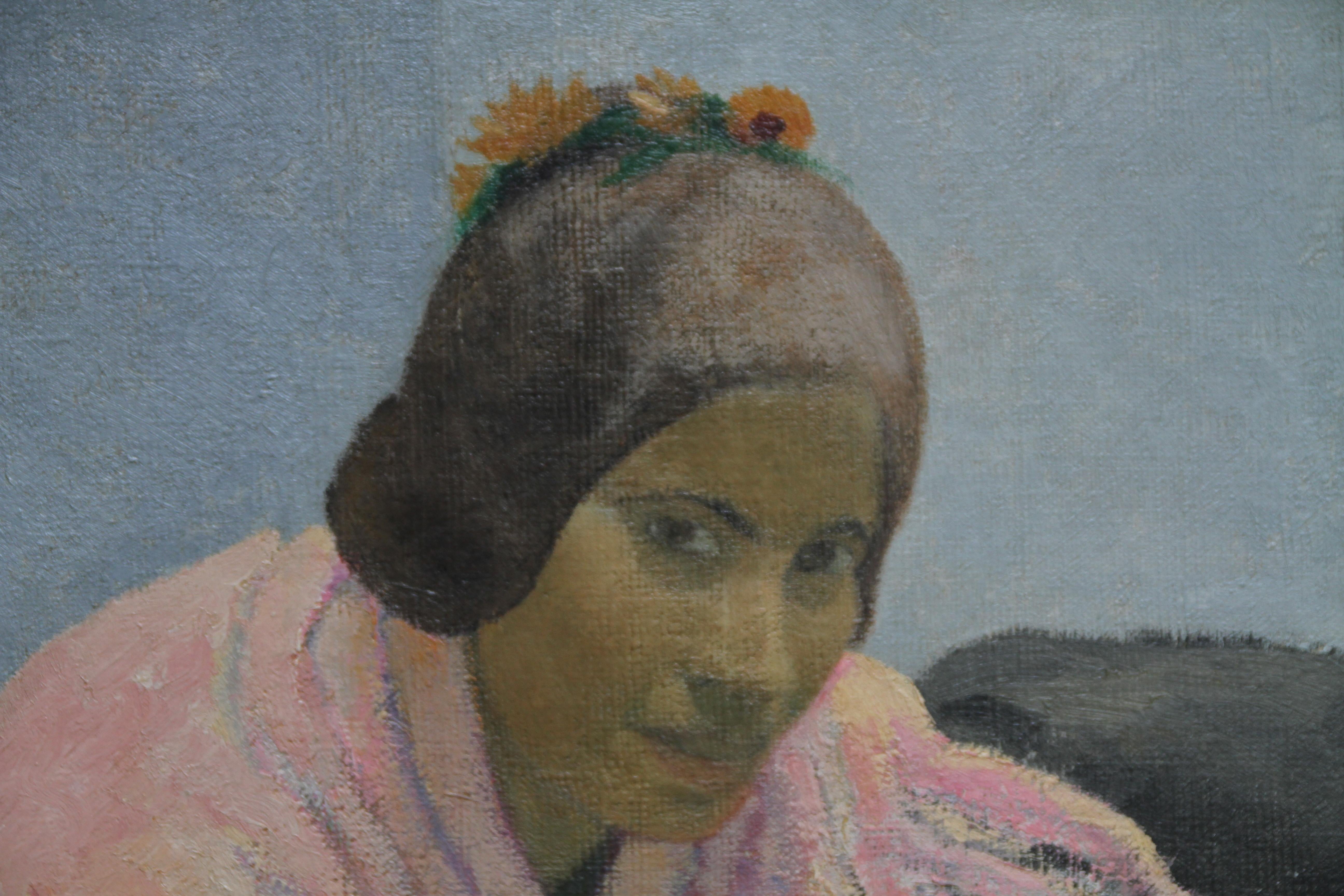 Two Women in a Cafe - British 1930's art oil portrait painting Spain jugs pink - Impressionist Painting by Darsie Japp